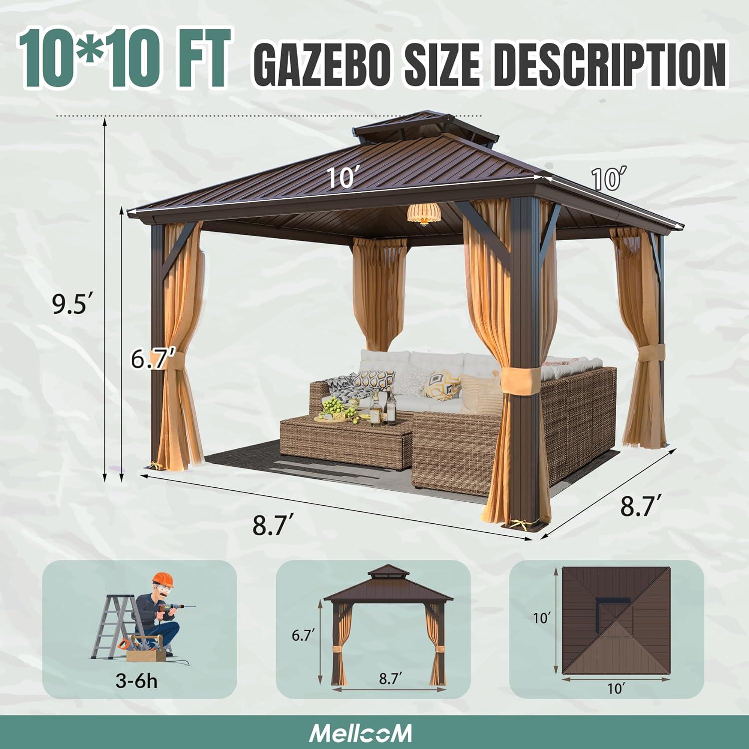 Erommy Hardtop Gazebo with Galvanized Steel Double Roof