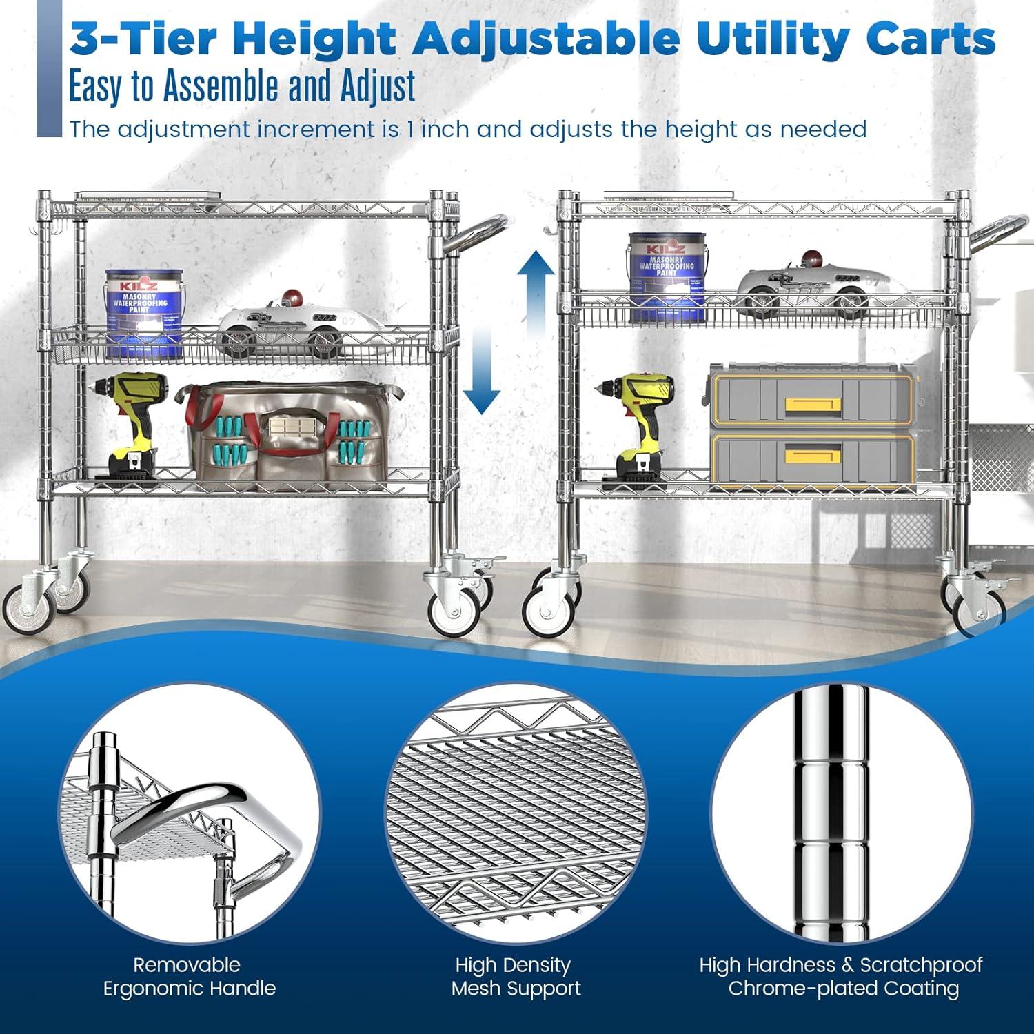 990lbs Capacity 3 Tier Heavy Duty NSF Rolling Chrome trolley Cart with Wheels & Wire Shelving & Handle Bar-Storage Carts on Wheels for Kitchen, Office, Outdoor,Serving