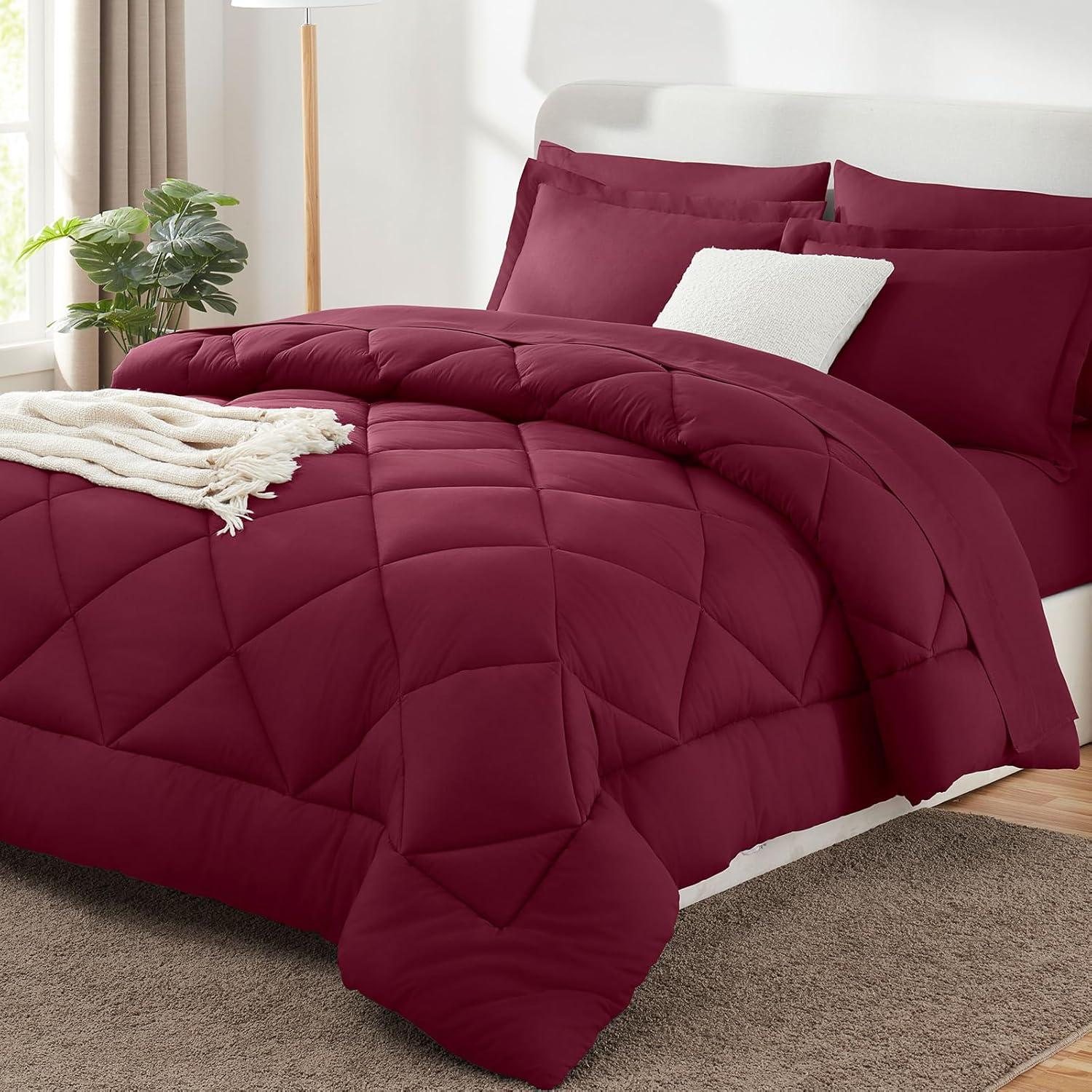CozyLux Burgundy Comforter Set Queen 7 Pieces Red Comforter Set Queen Bedding Sets Maroon Wine with All Season Quilted Comforter, Flat Sheet, Fitted Sheet, Pillowcases