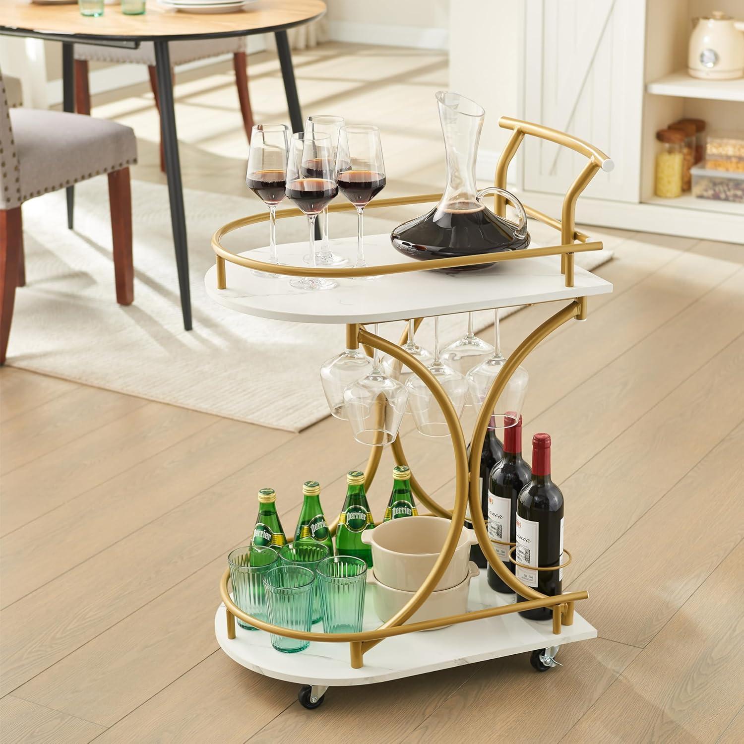 Gold and White Metal Kitchen Cart with Wine Rack and Storage