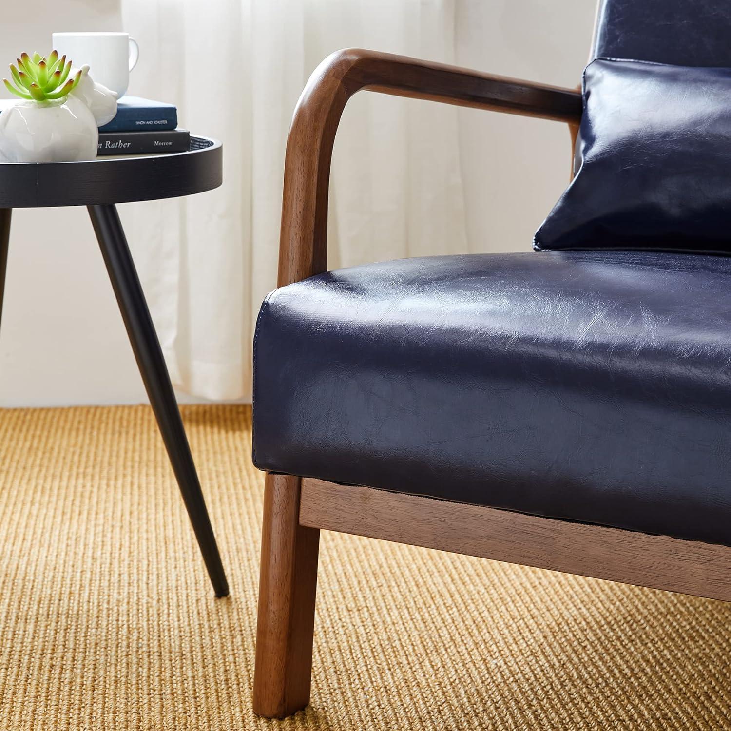 Mid-Century Modern Leatherette Arm Accent Chair Walnut Rubberwood Frame Navy Blue - Glitzhome: PU Upholstery, Tapered Legs, Office/Home Use