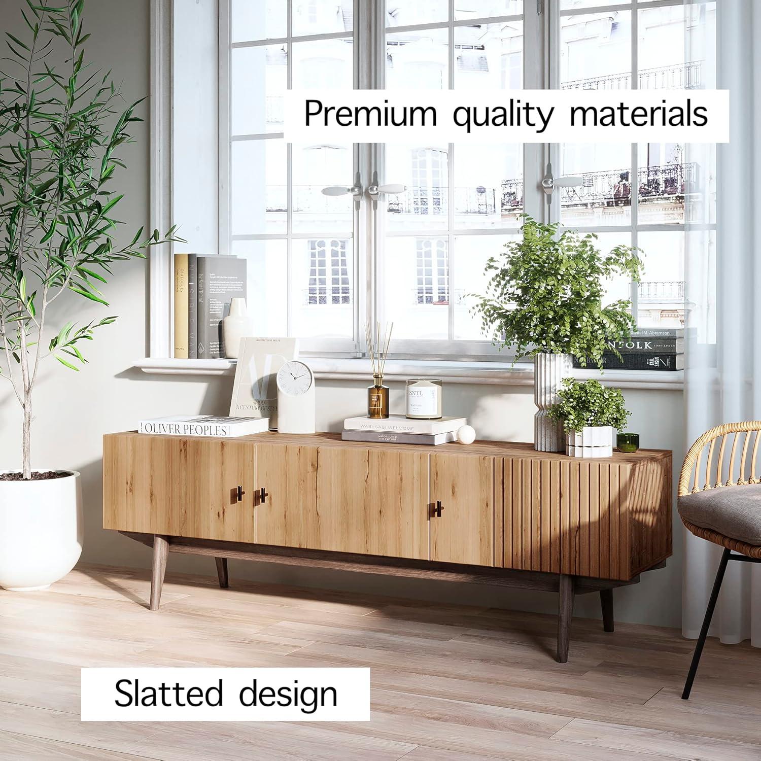 Living Skog  Chelsea Brown TV Stand Fits for TV's up to 65 in. with Slatted Design and Wood Legs light brown Matte Laminate