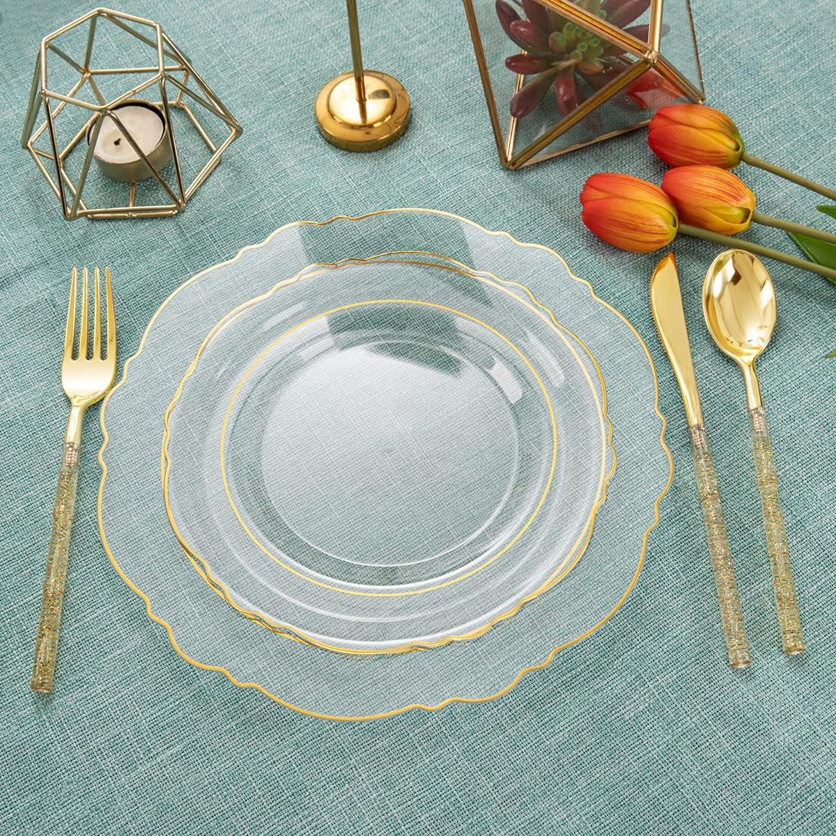 Elegant Clear Gold Baroque Disposable Plastic Plates and Cutlery Set