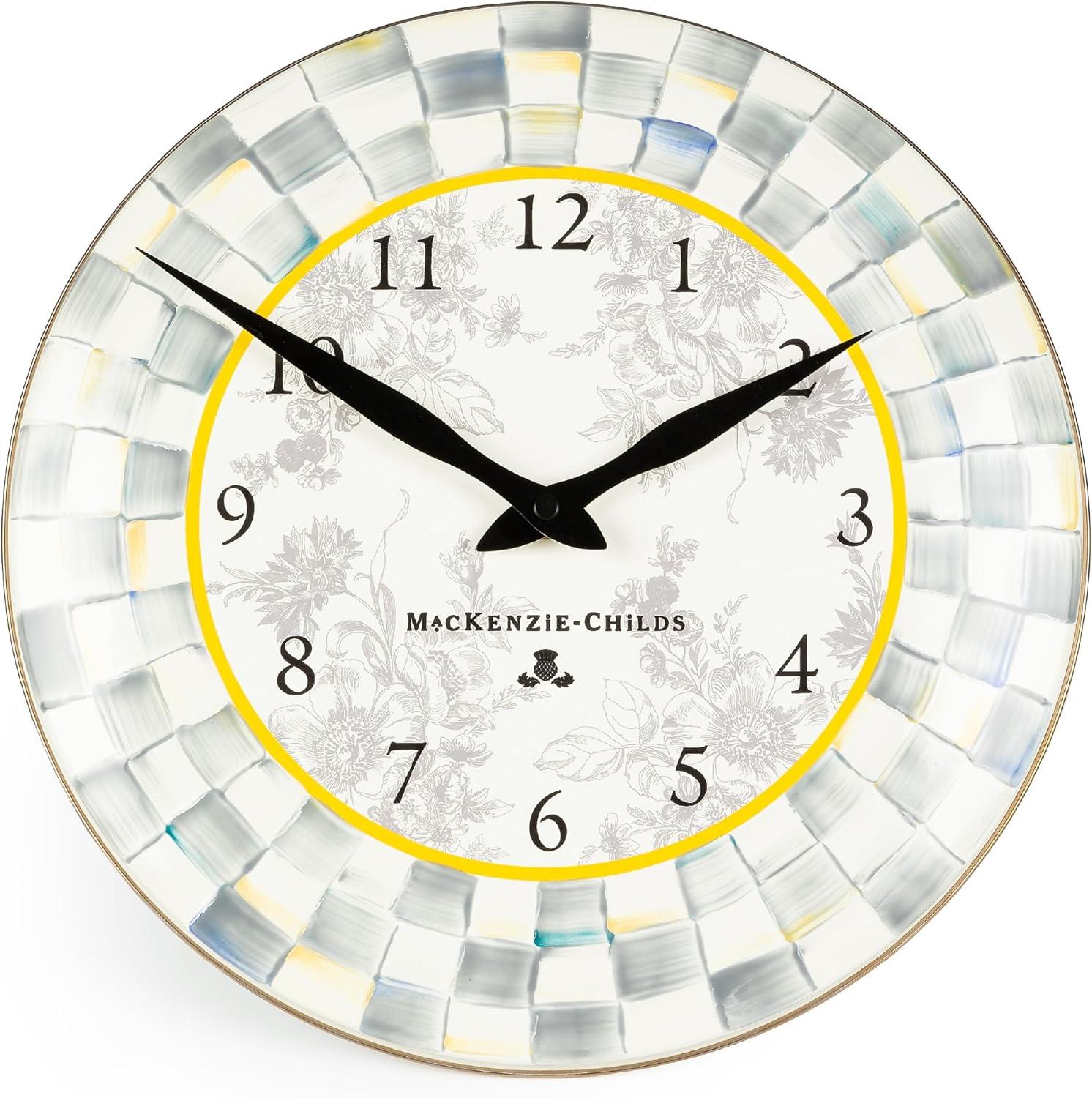 Gray and White Enamel Round Wall Clock with Hand-Painted Checks