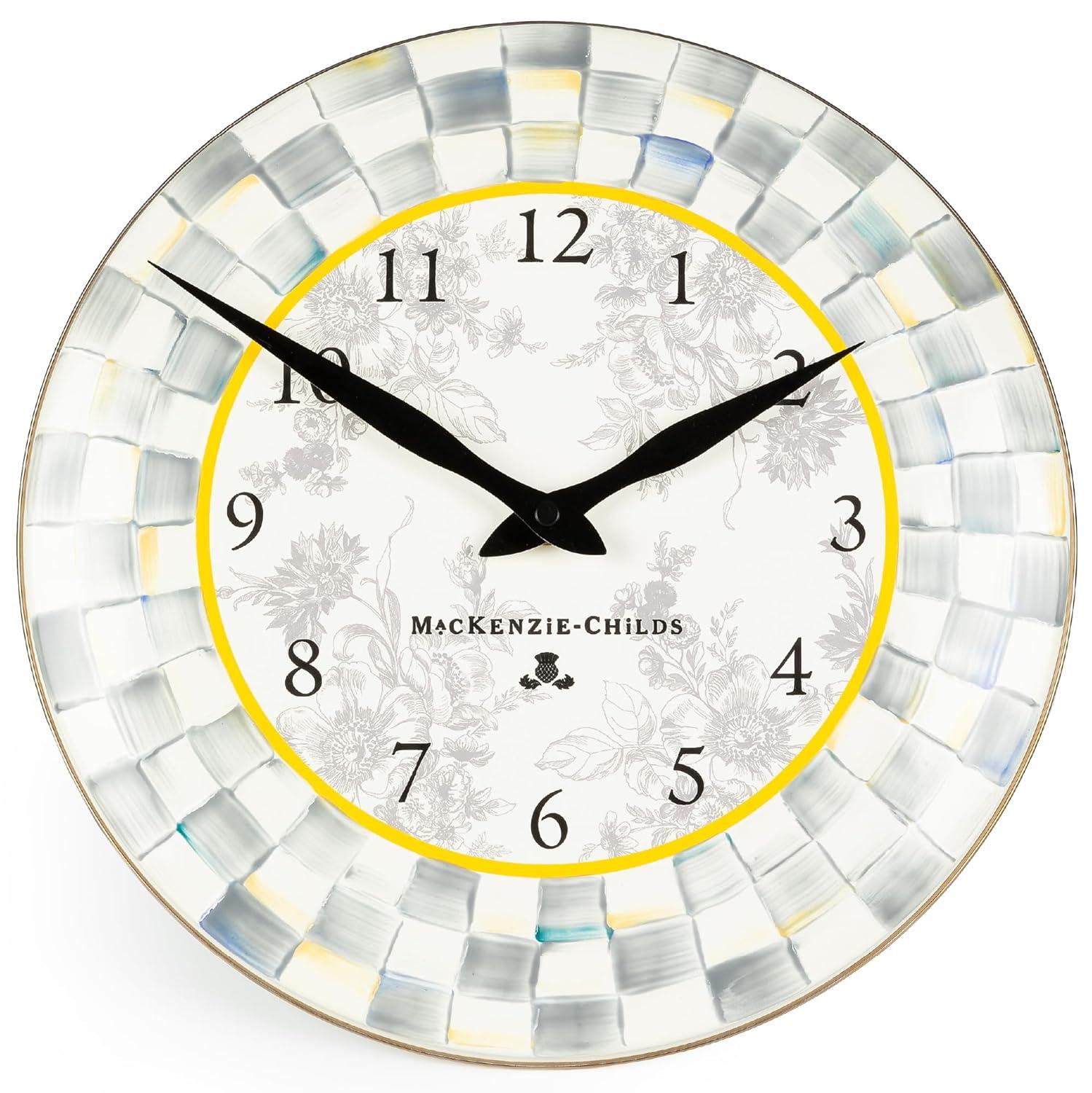 Gray and White Enamel Round Wall Clock with Hand-Painted Checks
