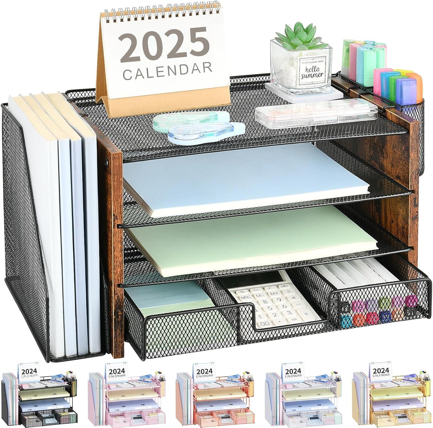 Desk Organizer and Accessories, 4-Tier Desktop File Organizer with Drawer and 2 Pen Holders, Office Desk Accessories for Office Supplies(Black)