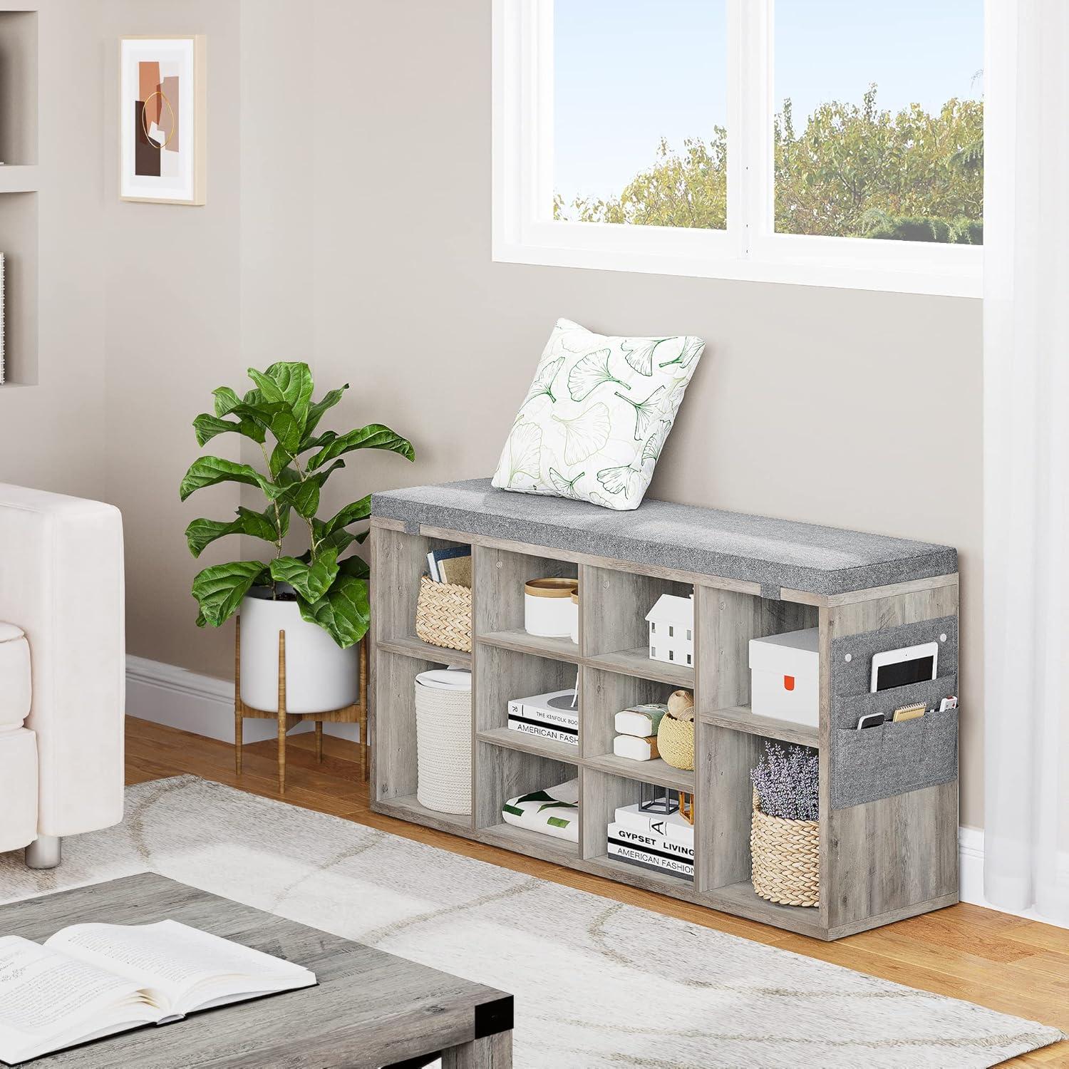 Gray Wood Shoe Storage Bench with Cushion and Adjustable Shelves