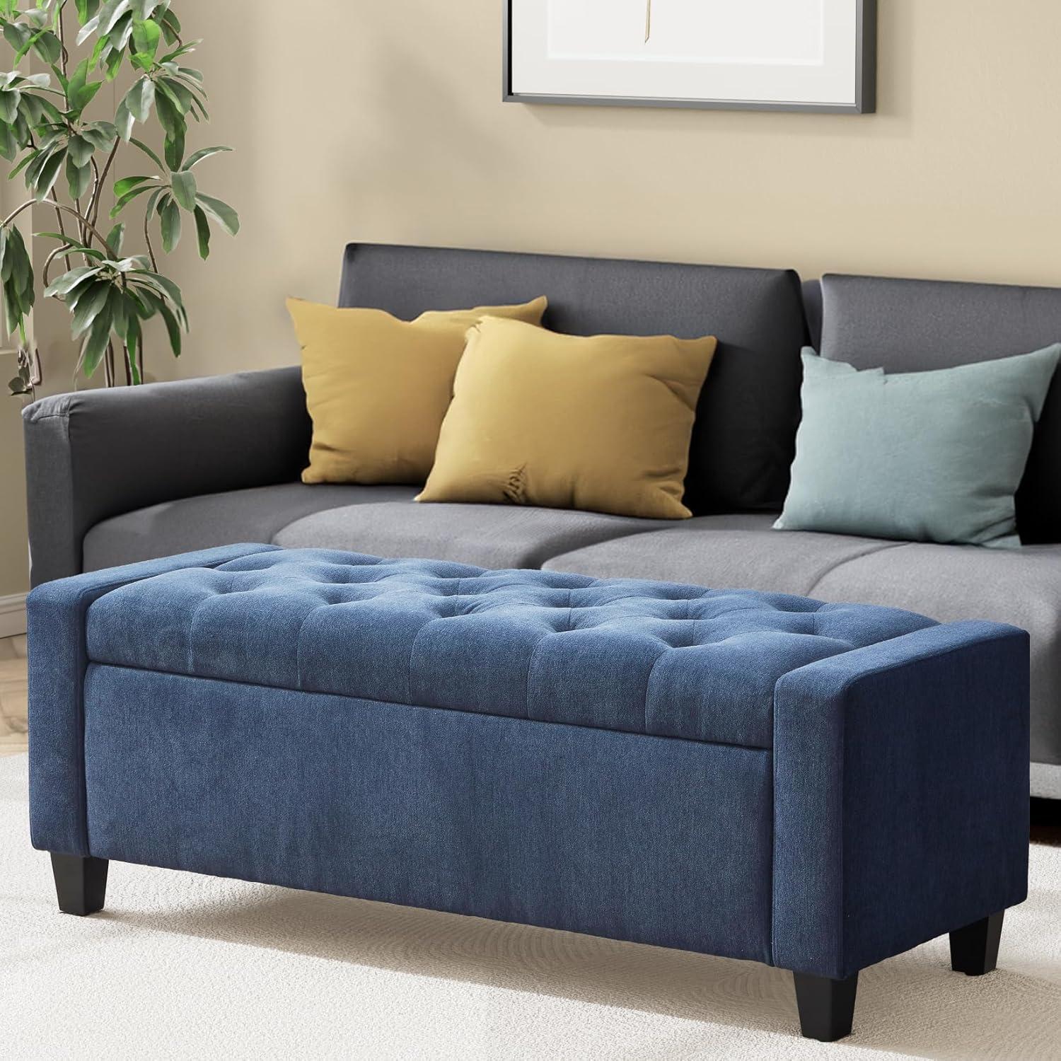 Dark Blue Upholstered Storage Ottoman Bench with Solid Wood Legs