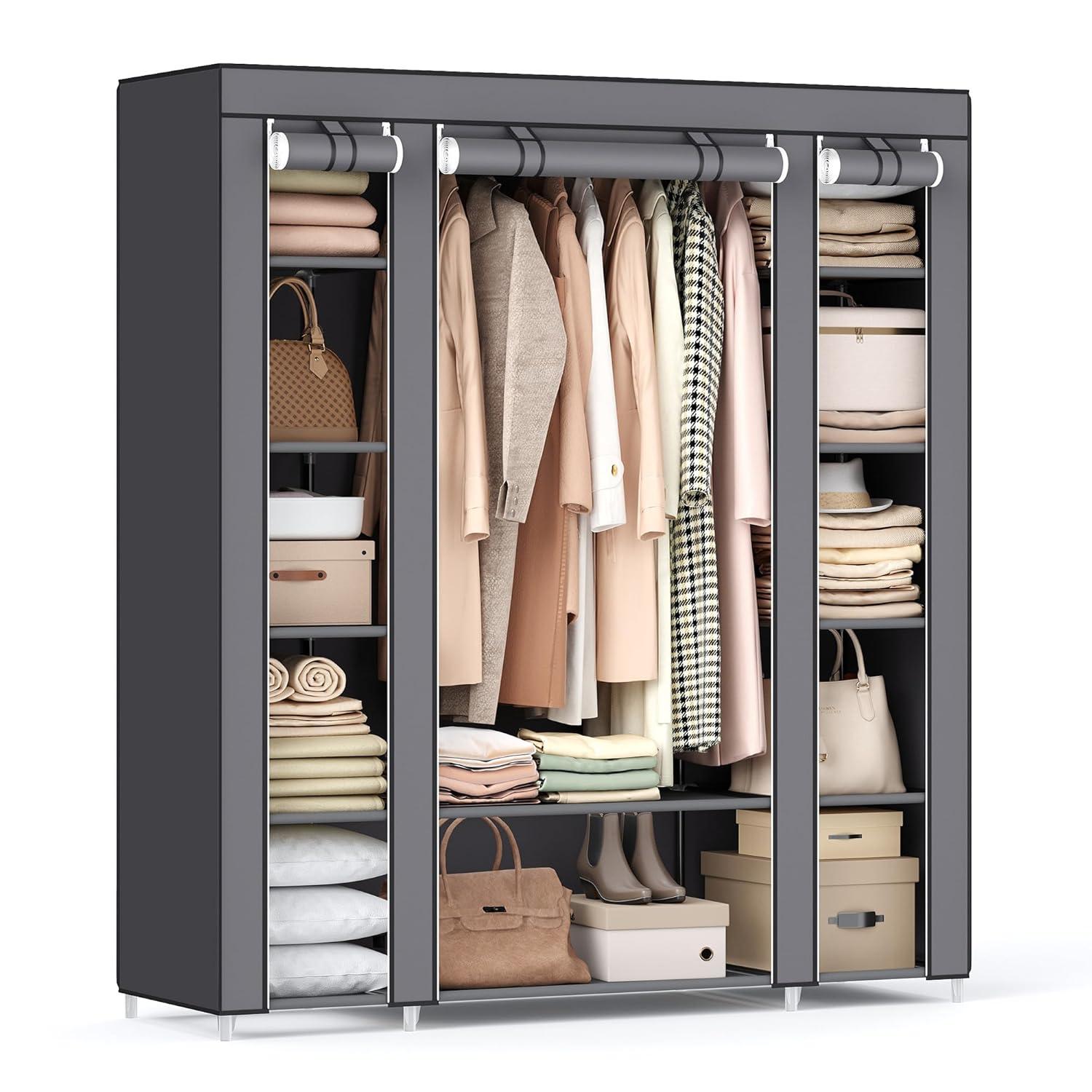 SONGMICS 59" Closet Wardrobe Portable Closet Organizer Storage Clothing Rack Shelf with Non-Woven Fabric Cover Gray