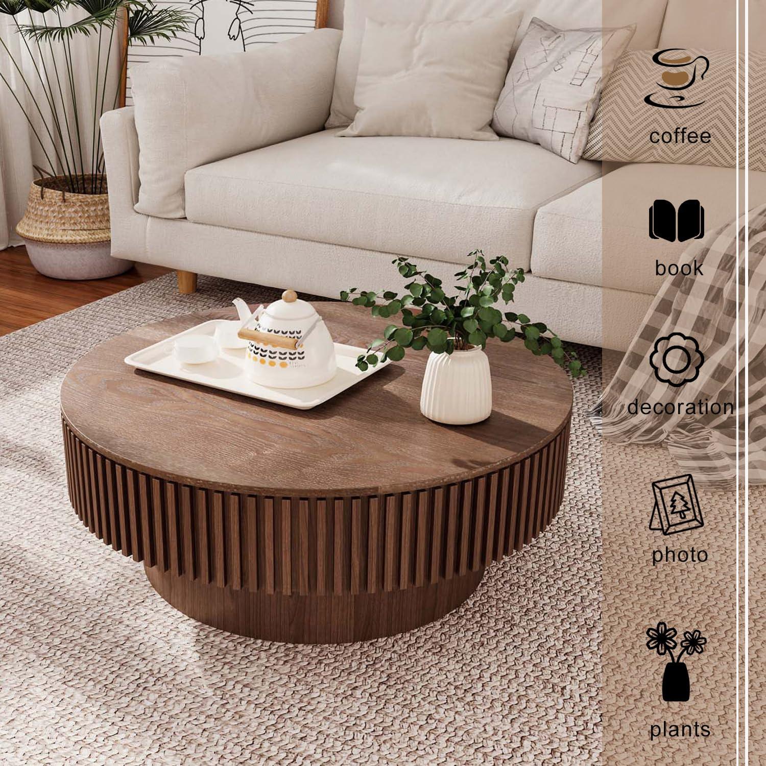 31.5" Round Wood Coffee Table with Storage - Modern Drum Circle Fluted Side Table for Apartment, Office - Easy Assembly, Walnut