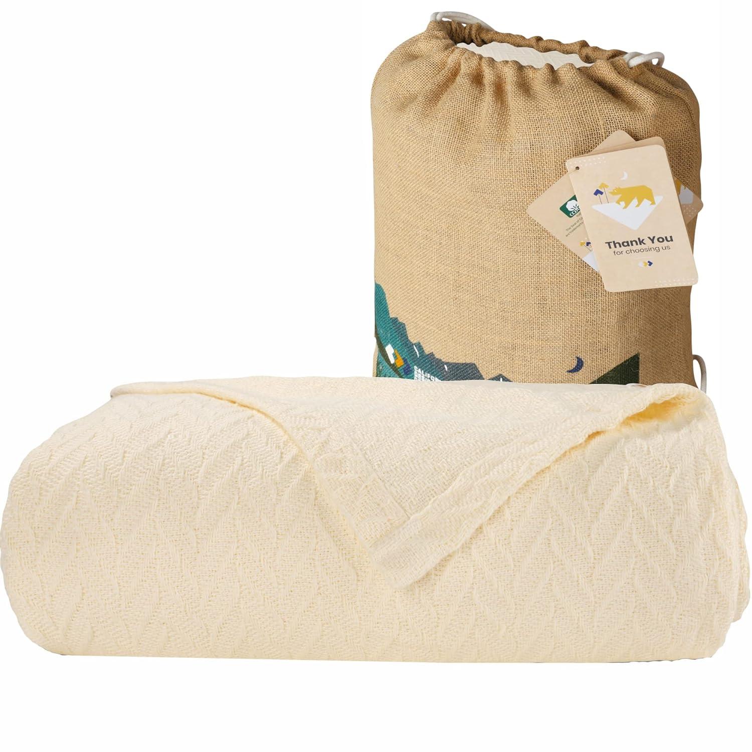 Bed Blanket | Soft 100% Cotton | Herringbone Design | All-Season Thermal Layering by California Design Den - Ivory, King (106" x 94")