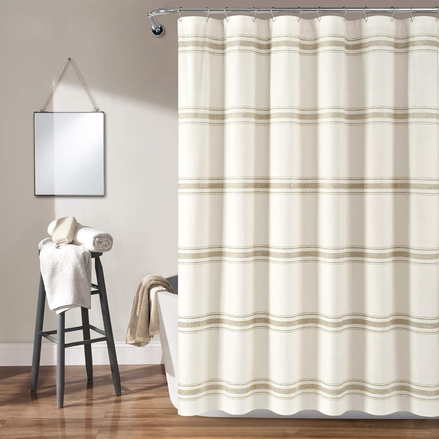 Neutral Striped Cotton Farmhouse Shower Curtain 72" x 72"