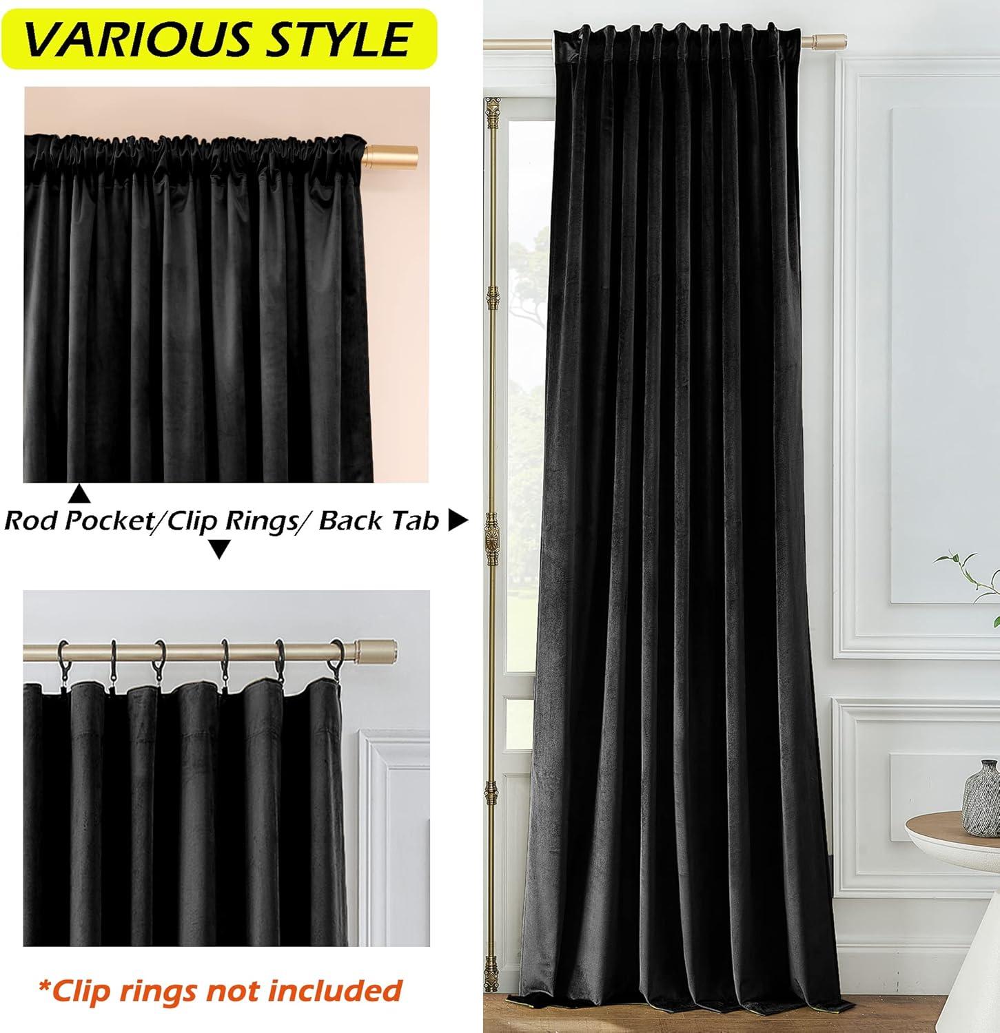 JIUZHEN Black Velvet Curtains for Living Room -96 inches Long Rod Pocket Thermal Insulated Room Darkening Window Drapes for Bedroom, Set of 2 Panels with Tiebacks, 52 x 96 inches