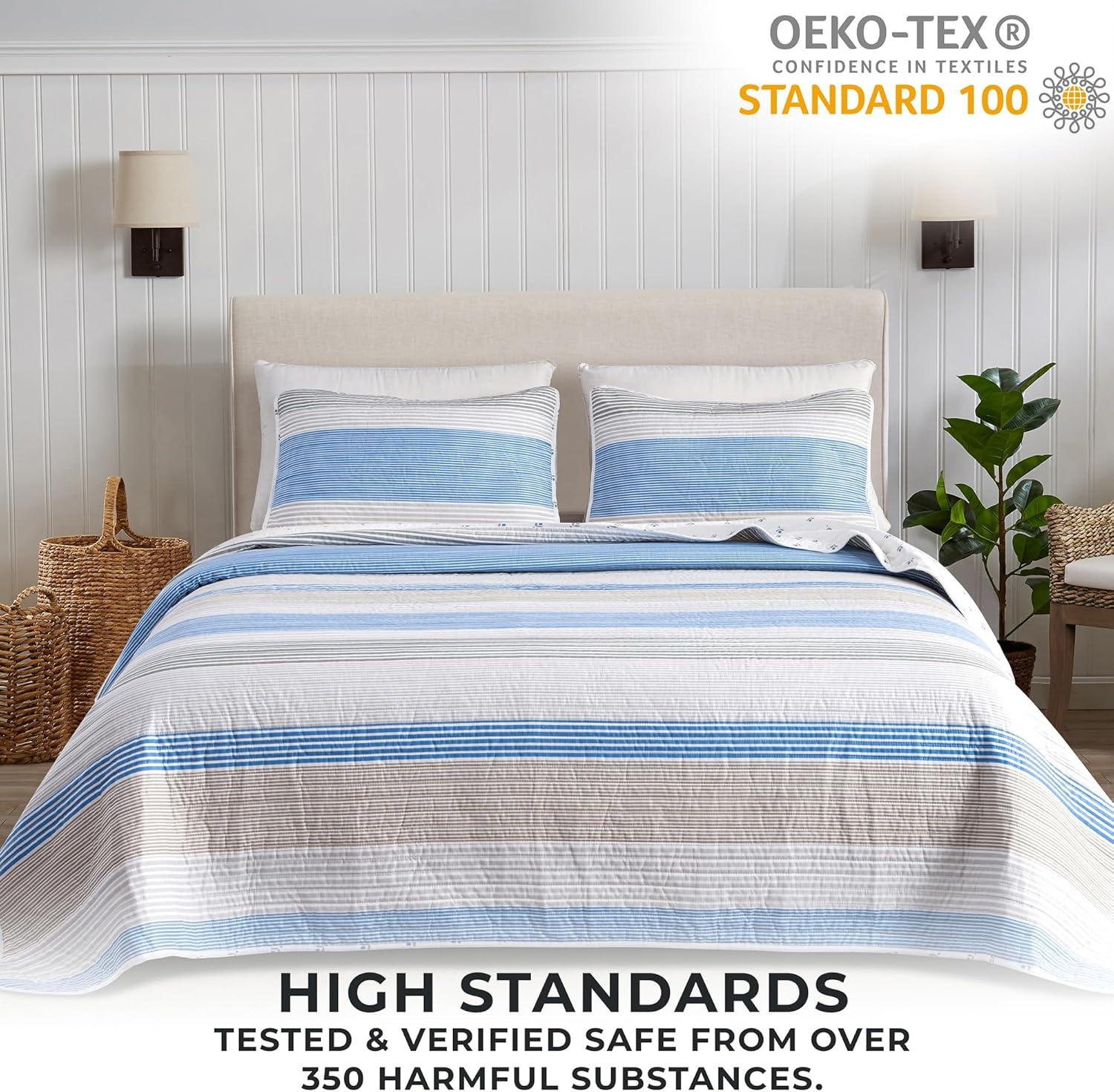 FreshFolds Blue / White / Grey Striped Reversible Quilt Set with Shams