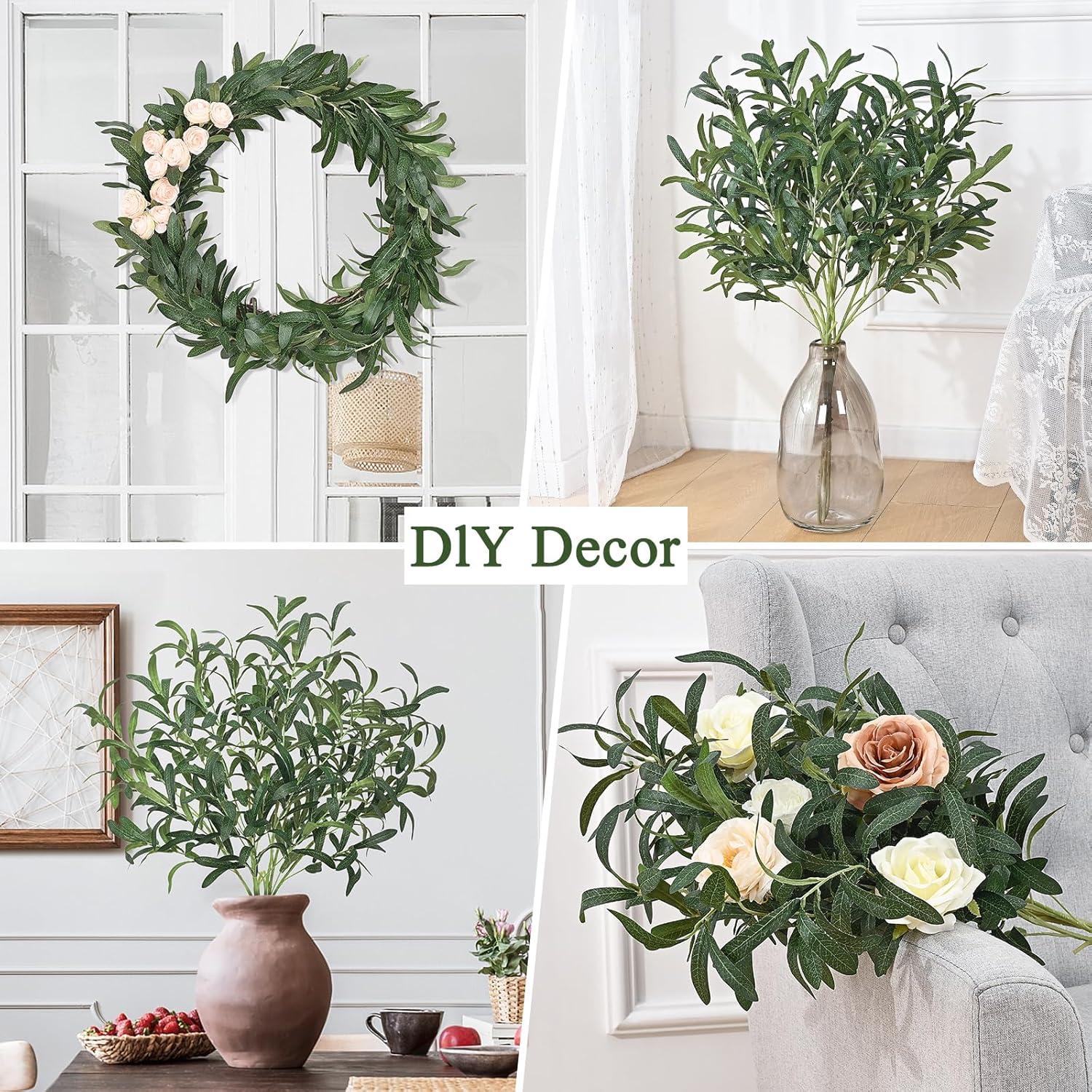 4 Pcs 43.3" Artificial Olive Branches Long Stems Silk Greenery Leaves Tall Fake Plant Greenery Branches Fake Olive Plants for Wedding Party Garden Home Office Indoor Outdoor Decor