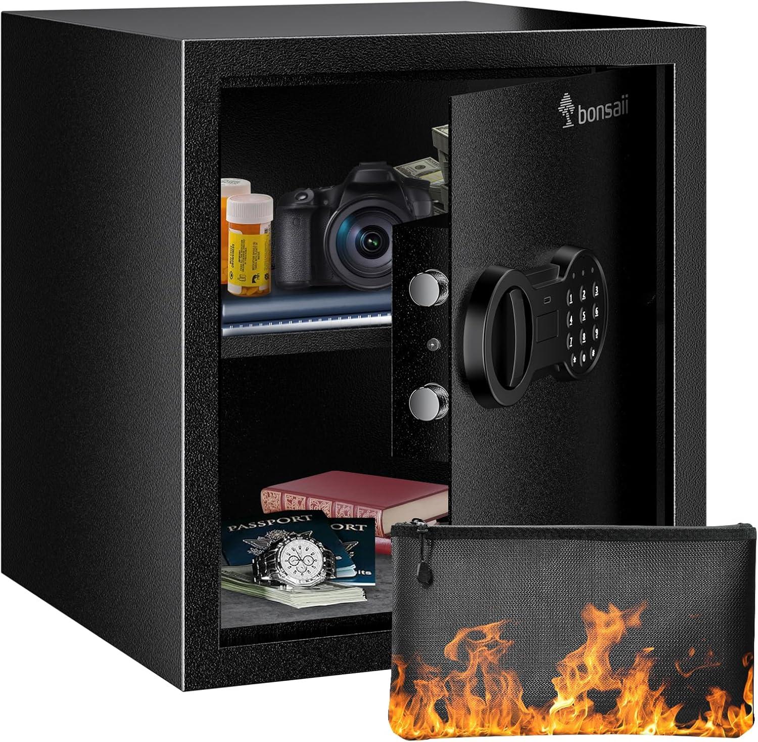 Bonsaii Security Safe Box with Money Bag, 1.28 Cubic Feet Large Document Safe Box for Home, Digital Keypad Lock, Removable Shelf for Money, Medicine, Valuables, 12.99 x 14.17 x 12.99 Inches