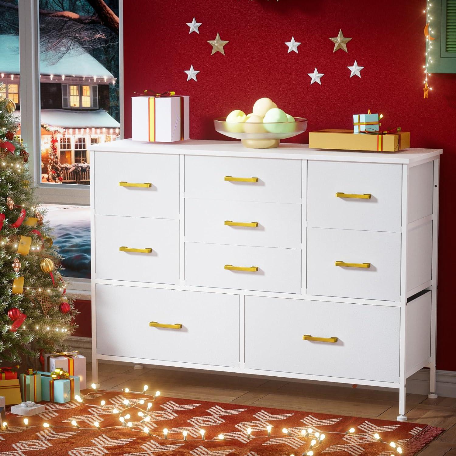 White Fabric Chest of Drawers with Leather Finish, Wide Dresser for Bedroom & Living Room TV Stand, Entertainment Center, Featuring 9 Drawers for 50” TV