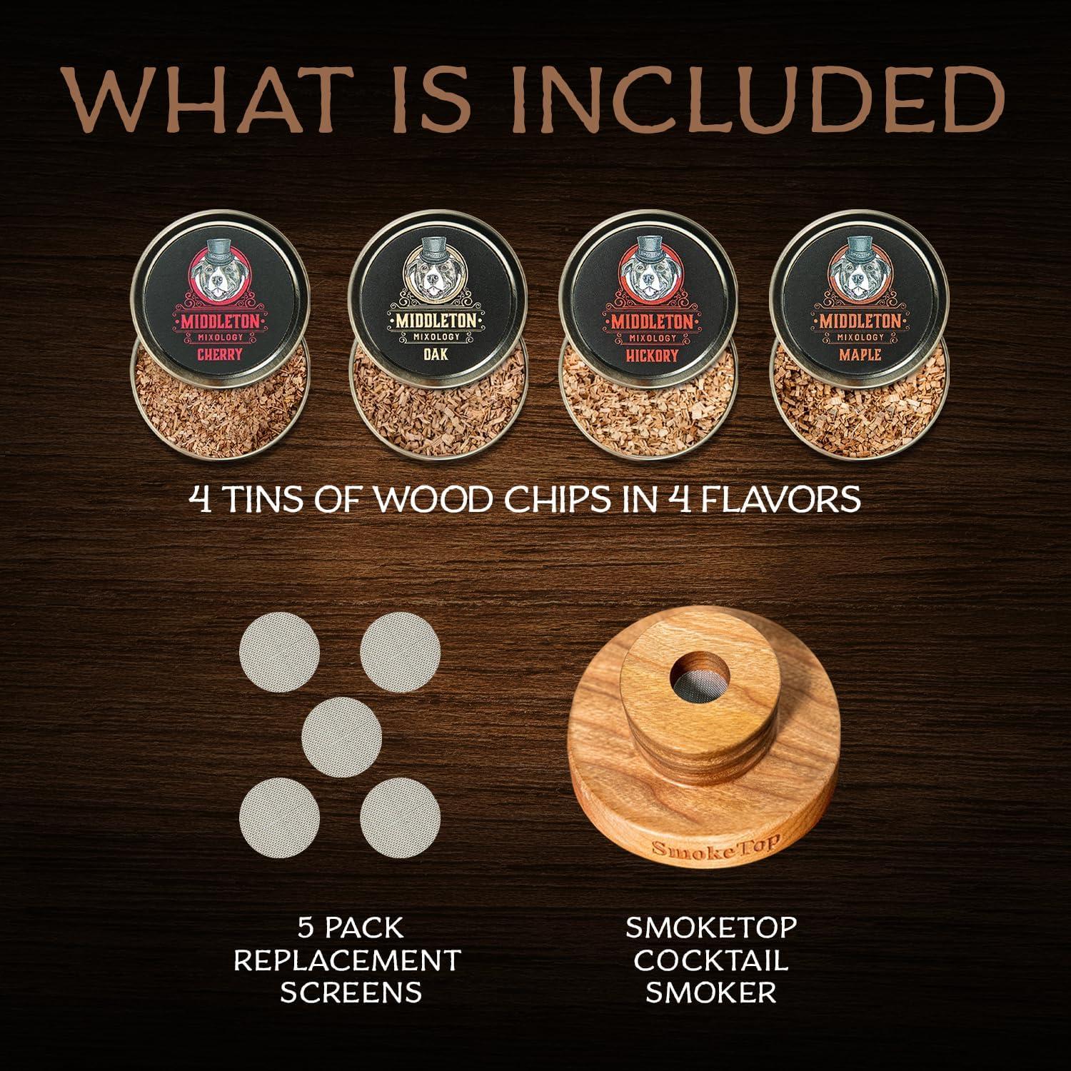 SmokeTop Cocktail Smoker Kit with 4 Flavors Wood Chips - Cocktail Smoker Kit & Chips for Old Fashioned Cocktails, Whiskey, & Bourbon (Cherry, Hickory, Maple & Oak)