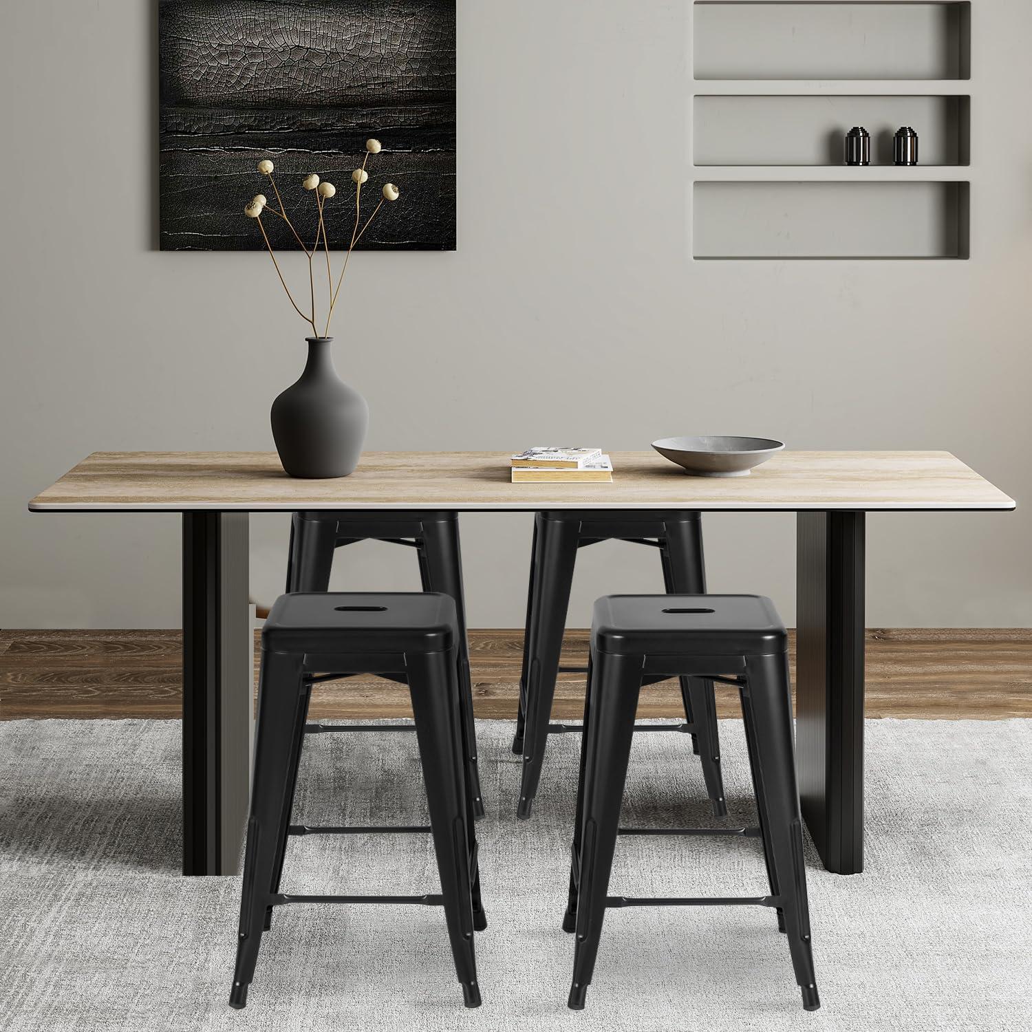 FDW Metal Bar Stools Set of 4 Counter Height Barstool Stackable Barstools 24 Inch Indoor Outdoor Patio Bar Stool Home Kitchen Dining Stool ,Black