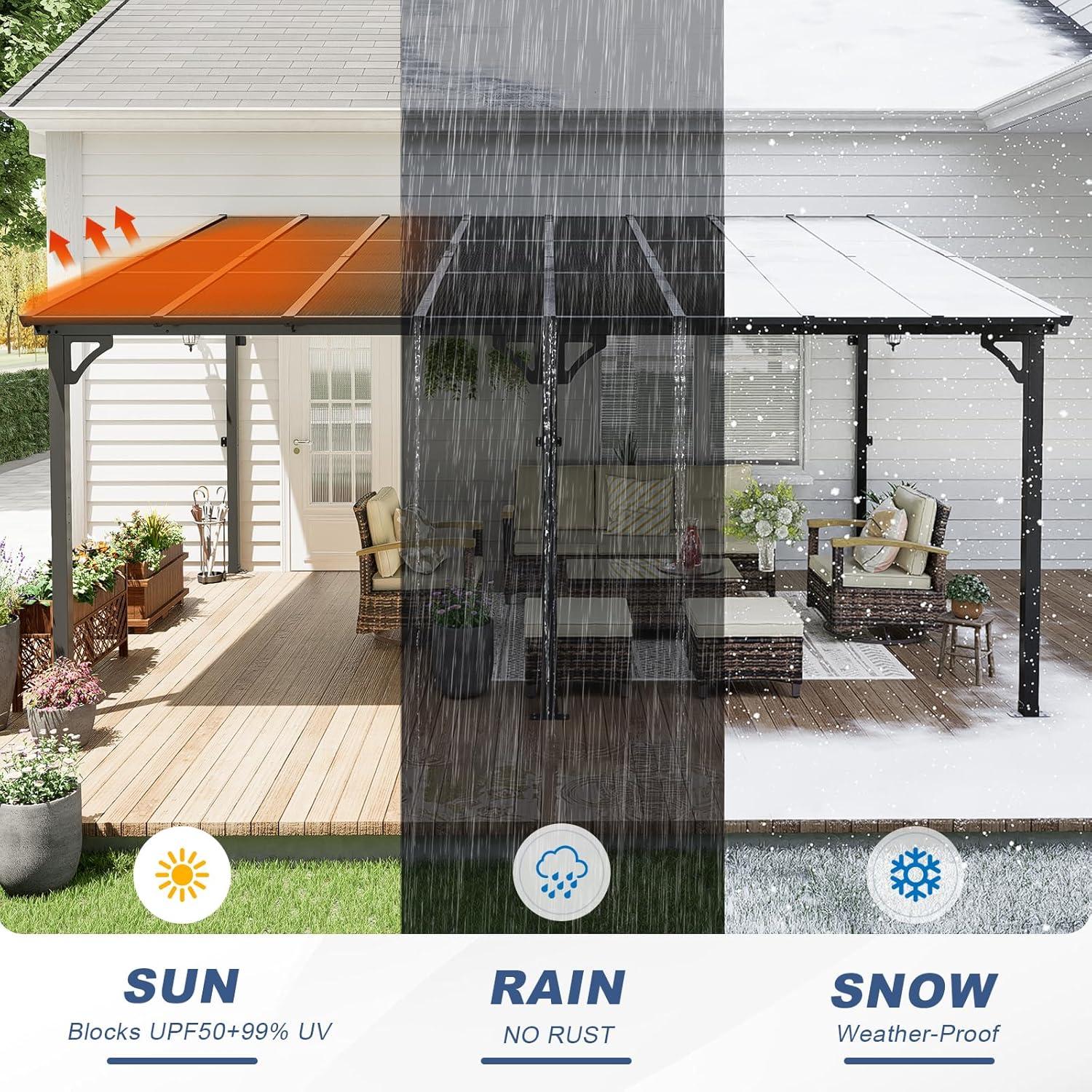 MEISSALIVVE Gazebo, Wall Mounted Gazebo, Lean To Metal Awnings Gazebos, Gazebo Pergola With Sloped Roof, Outdoor Patio Gazebo Awning For Backyard, Deck