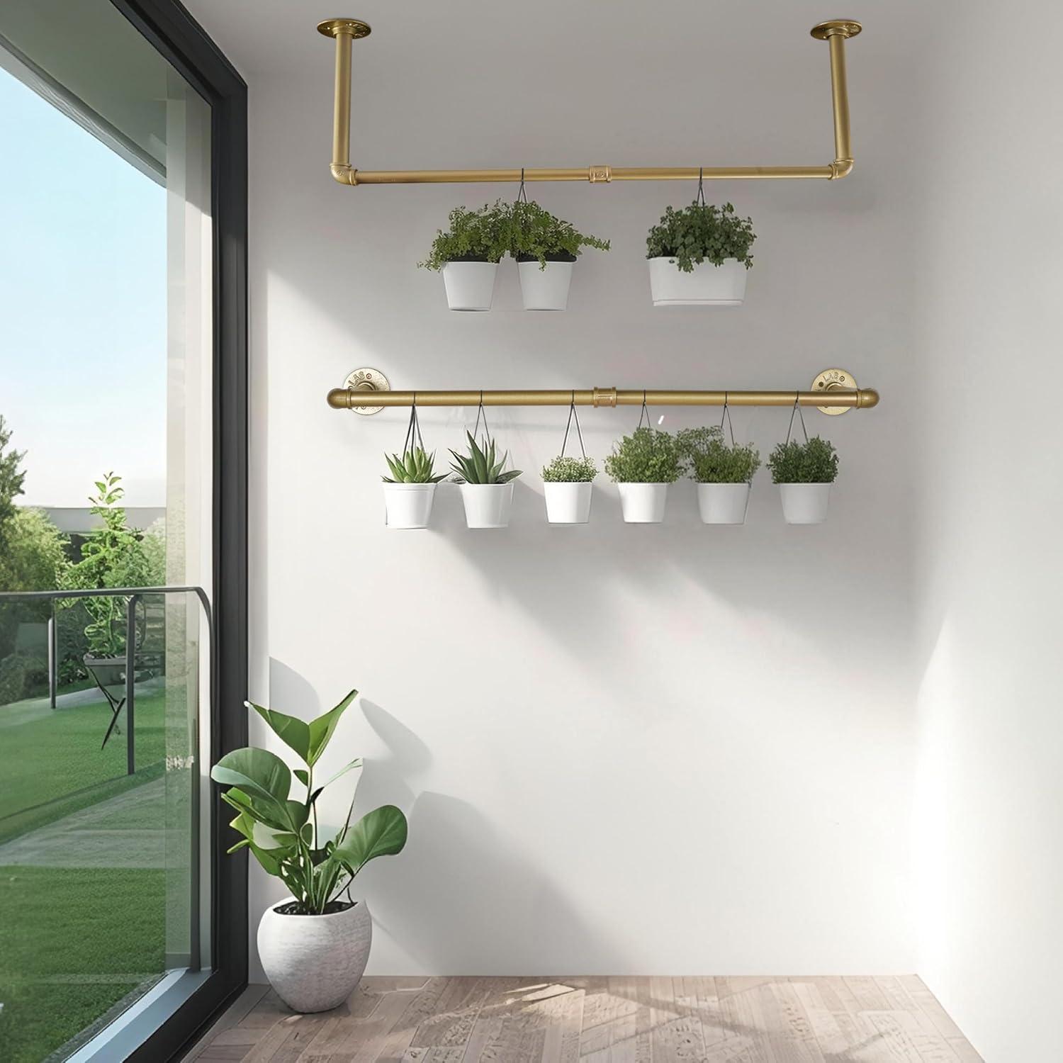 AddGrace 2 Pack Industrial Pipe Clothes Rack Gold Wall Mounted Clothing Rack for Hanging Clothes 34.5 Inch Multi-Purpose Garment Bar for Wardrobe and Laundry Room