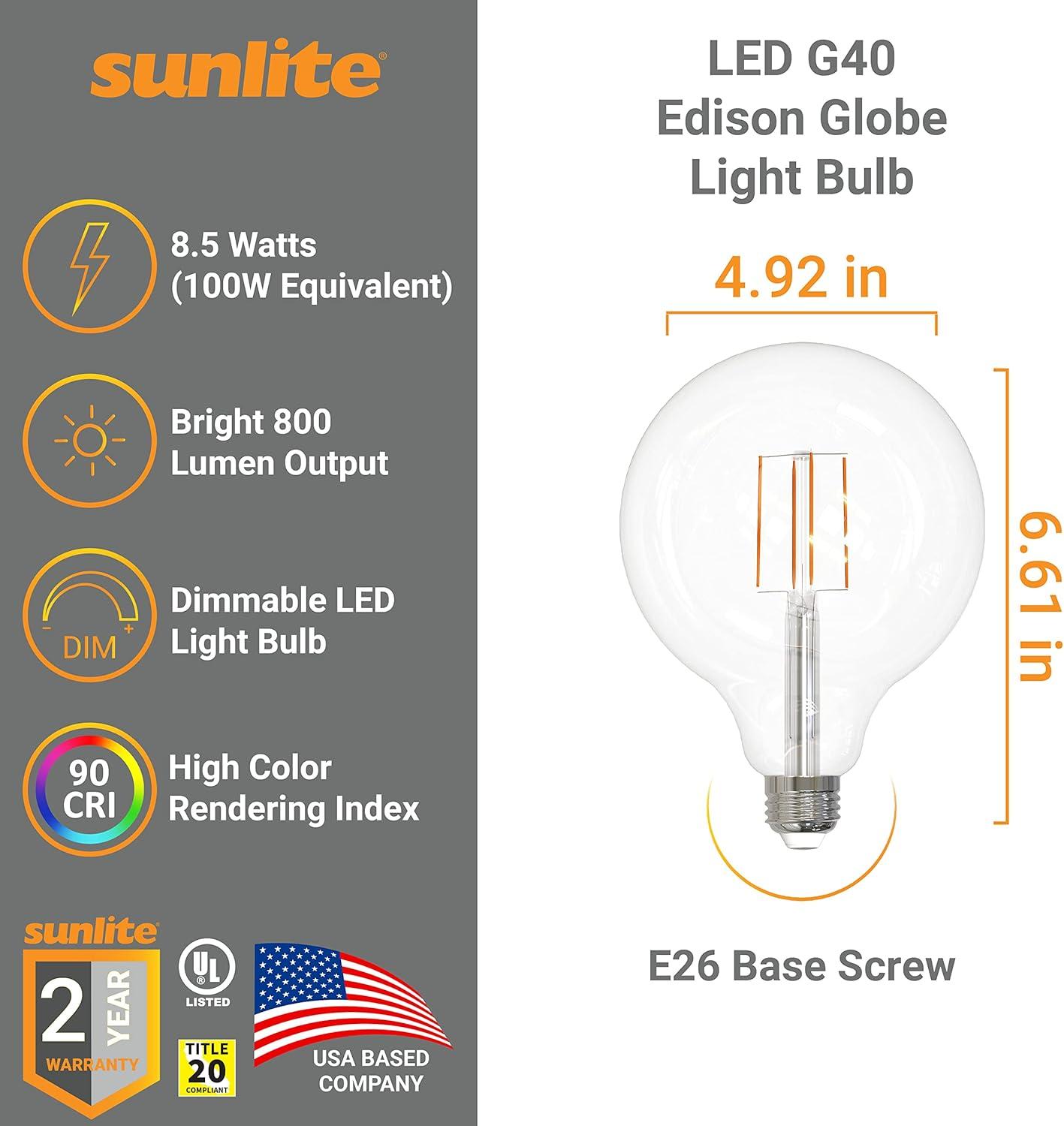 Sunlite 8.5w LED G40 Edison Globe Antique E26 Base 2700K Bulb - 100W Equiv