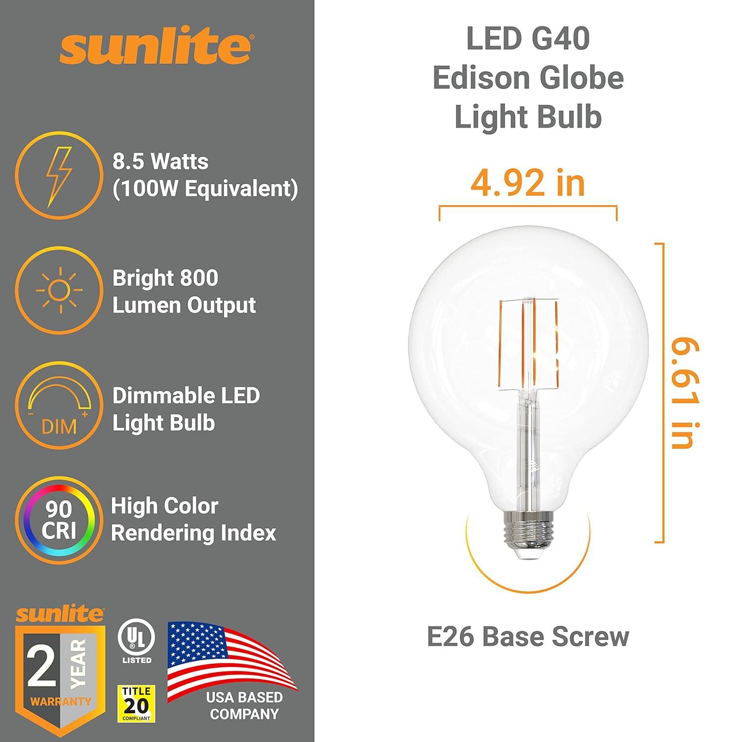 Sunlite 8.5w LED G40 Edison Globe Antique E26 Base 2700K Bulb - 100W Equiv