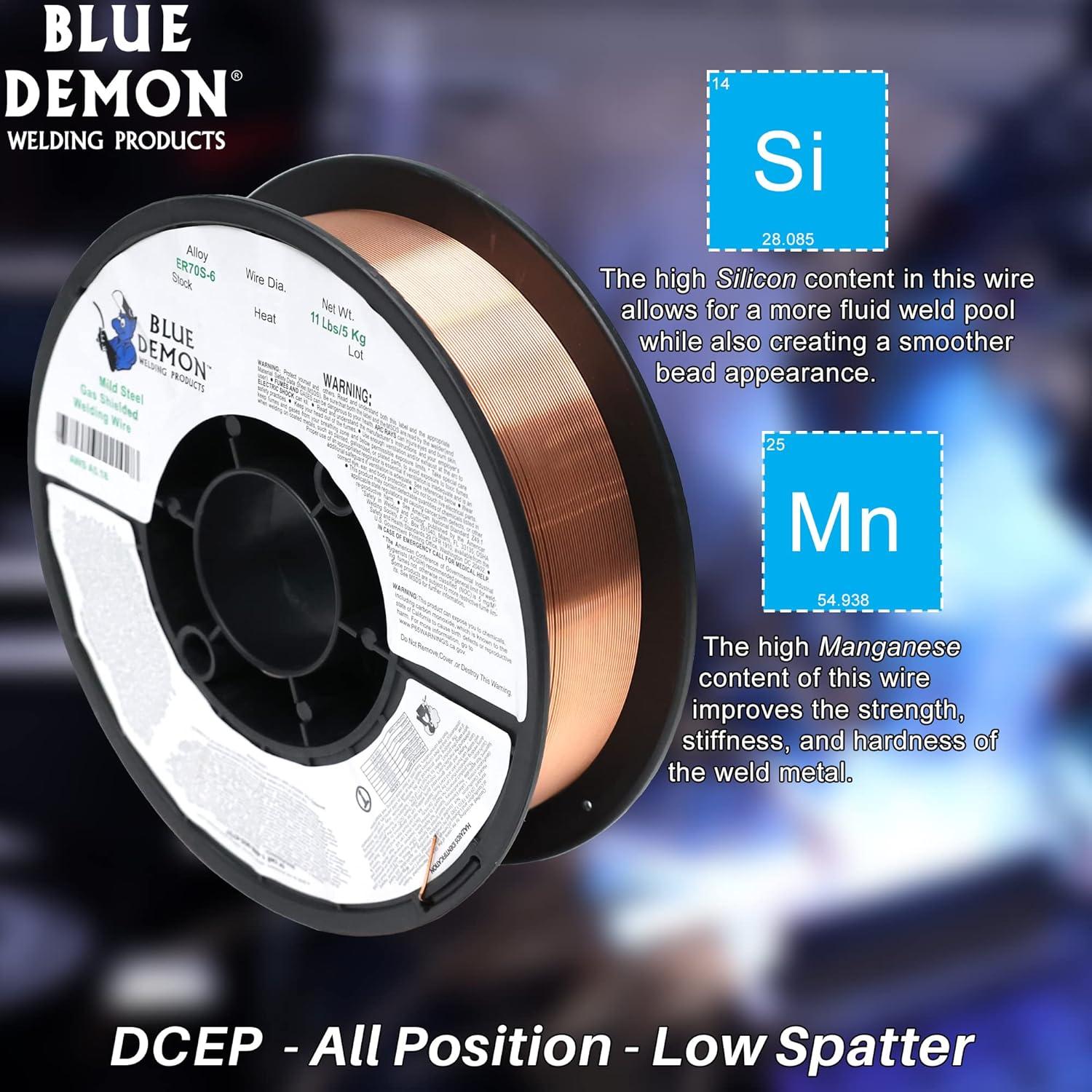 Blue Demon ER70S6 MIG/GMAW Carbon Steel Welding Wire, All Position, Low Spatter, Formulated to Provide Porosity-Free, X-Ray Quality Welds even on Dirty/Rusty Steel (.030" 11# Spool)