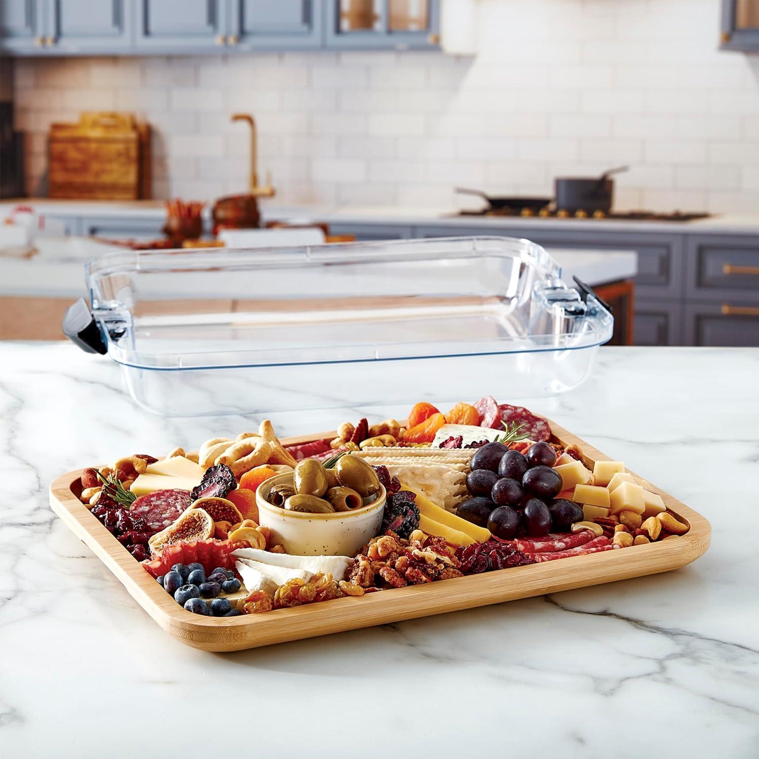 Bamboo Charcuterie Board with Clear Lid and Black Handles