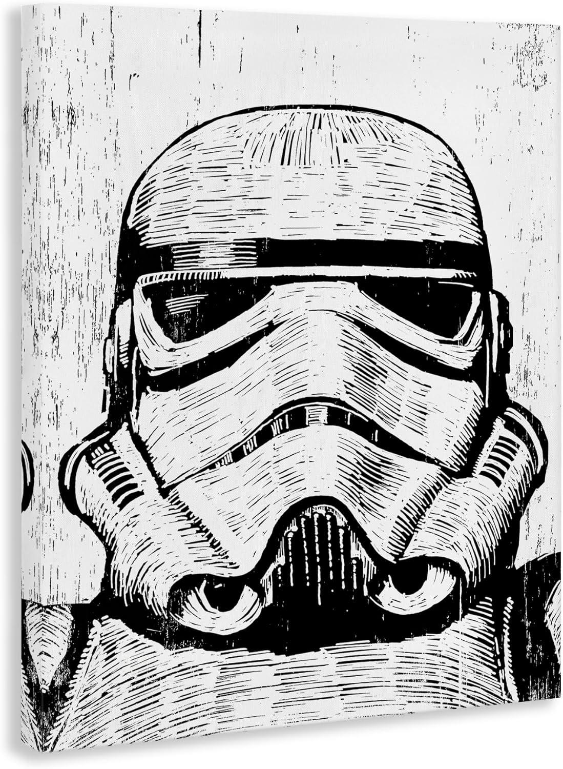 The Stupell Home Decor Collection Black and White Star Wars Stormtrooper Distressed Wood Etching Stretched Canvas Wall Art, 16 x 1.5 x 20