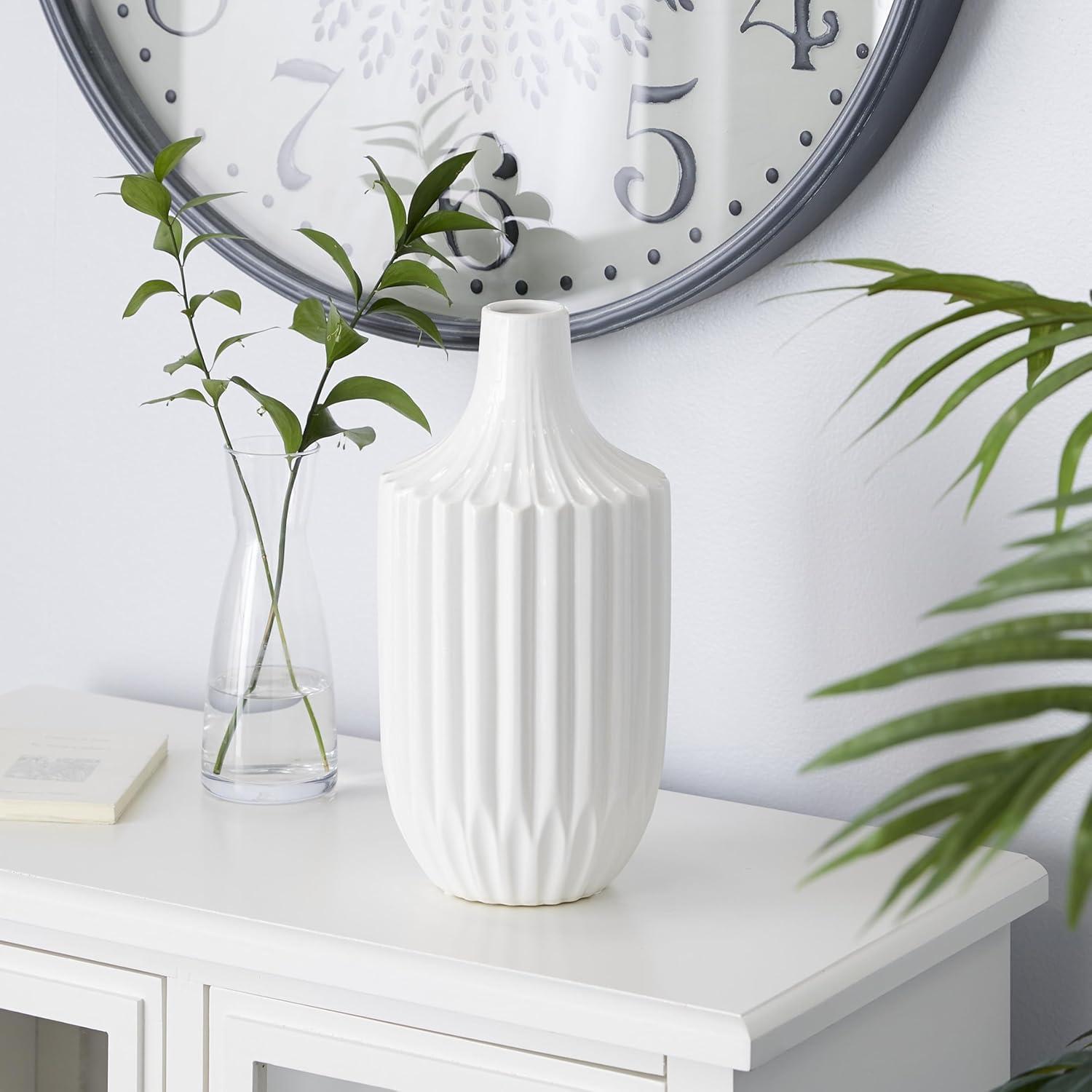 DecMode Modern Ceramic Tall White Decorative Vase with Vertical Groove Pattern 5"W x 19"H