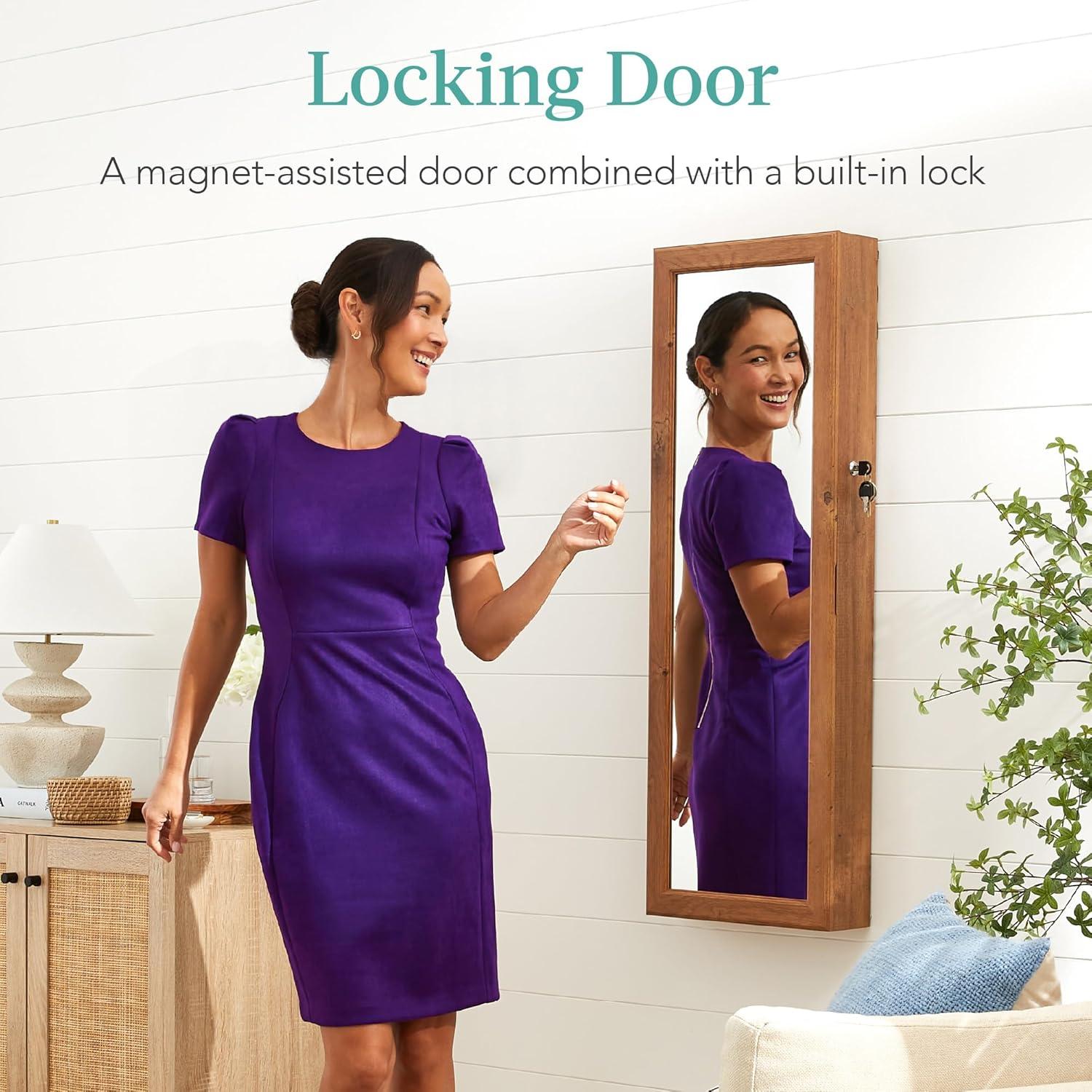 Best Choice Products Hanging Mirror Jewelry Armoire, Door or Wall Mounted Cabinet w/ LED Lights, Lock - Rustic Brown