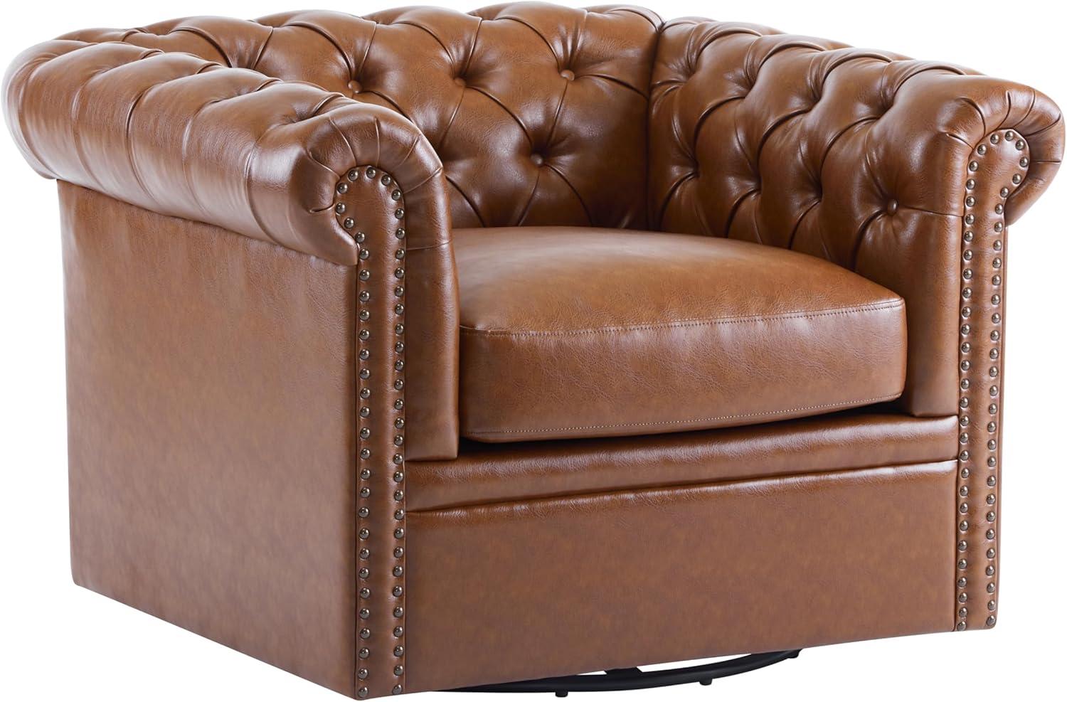 Christopher Knight Home Swivel Scrolled Armchair, Nailhead Accent Chair, Comfortable Single Sofa Chair with Tufted Button Backrest Design, Cognac