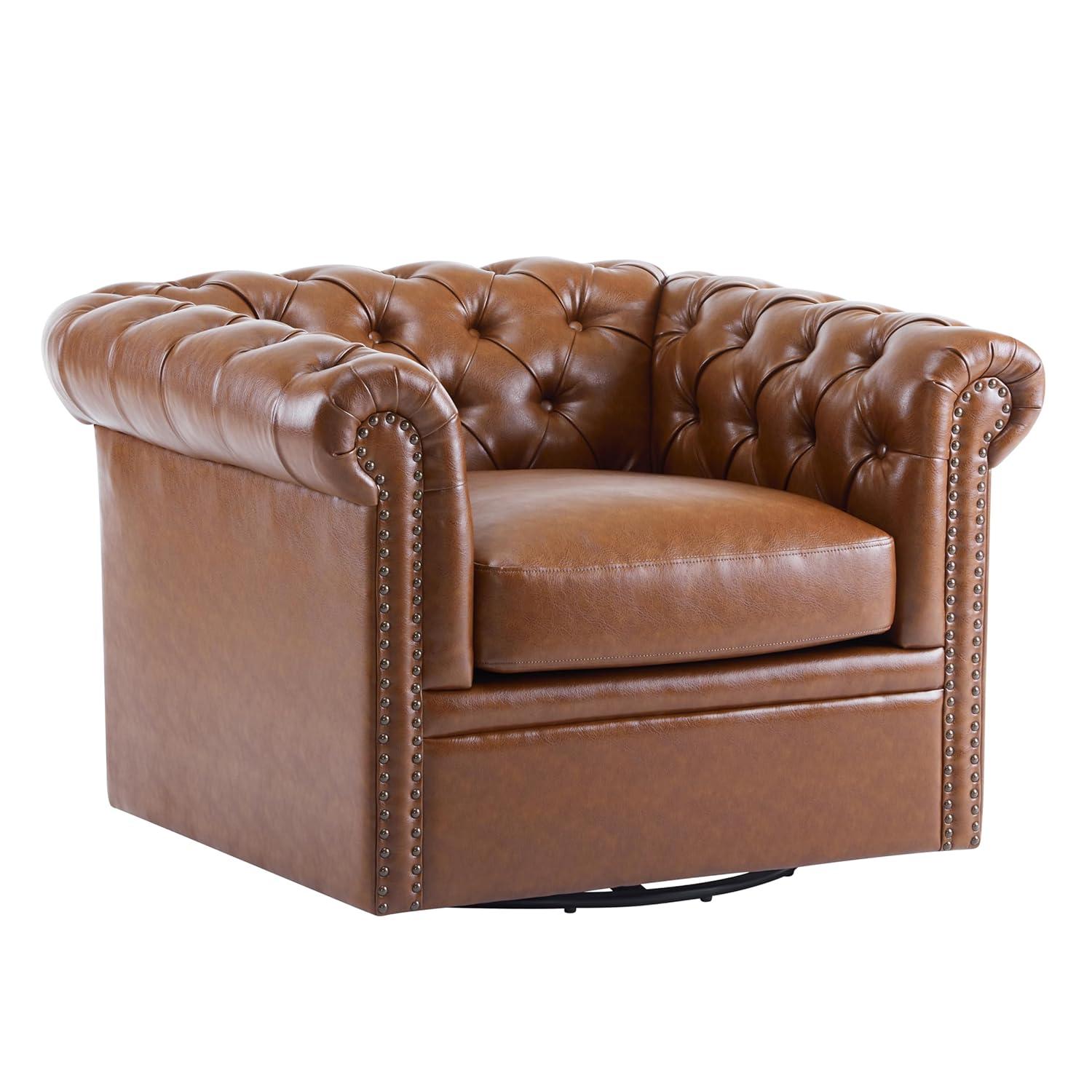 Christopher Knight Home Swivel Scrolled Armchair, Nailhead Accent Chair, Comfortable Single Sofa Chair with Tufted Button Backrest Design, Cognac