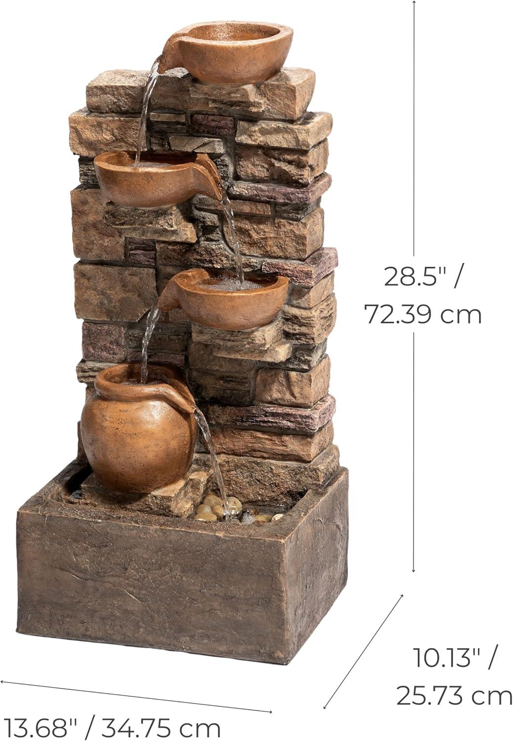 Teamson Home 33.27" Polyresin Cascading Bowls & Stacked Stones LED Fountain: Rust-Resistant, Electric Pump, Ground Freestanding