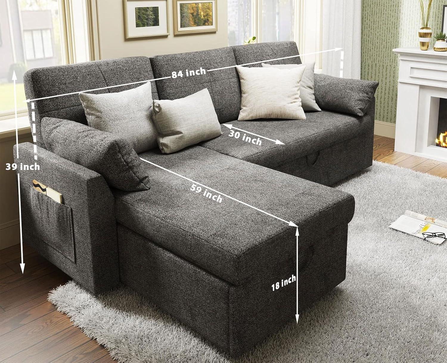 VANACC Sofa Bed, Sleeper Sofa with Storage Chaise-2 in 1 Pull Out Couch Bed for Living Room, Sectional Couch with Pull Out Bed Gray
