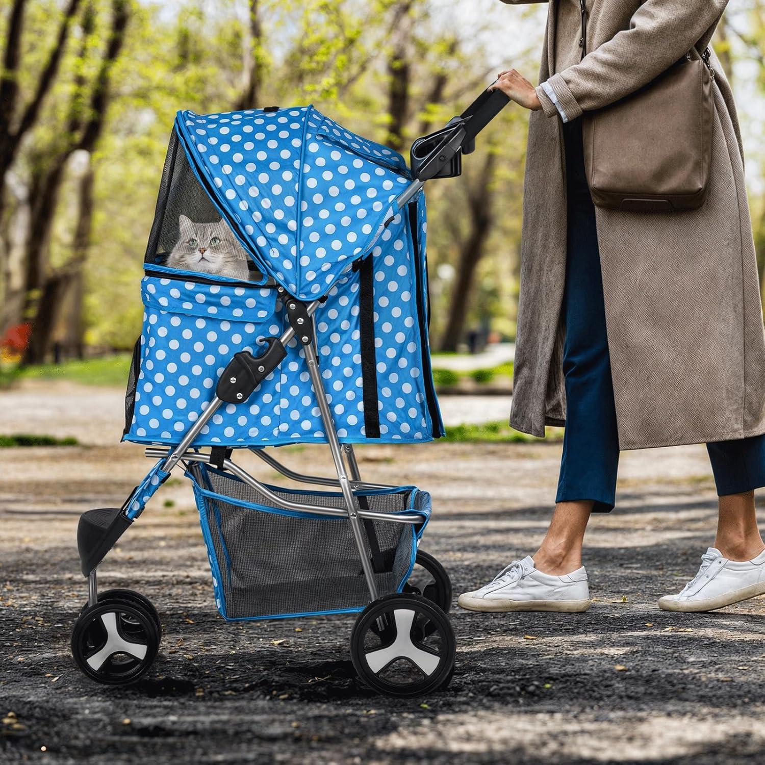 Magshion Foldable Pet Dog and Cat Stroller with Adjustable Canopy Storage Basket and Cup Holder for Small and Medium Pets
