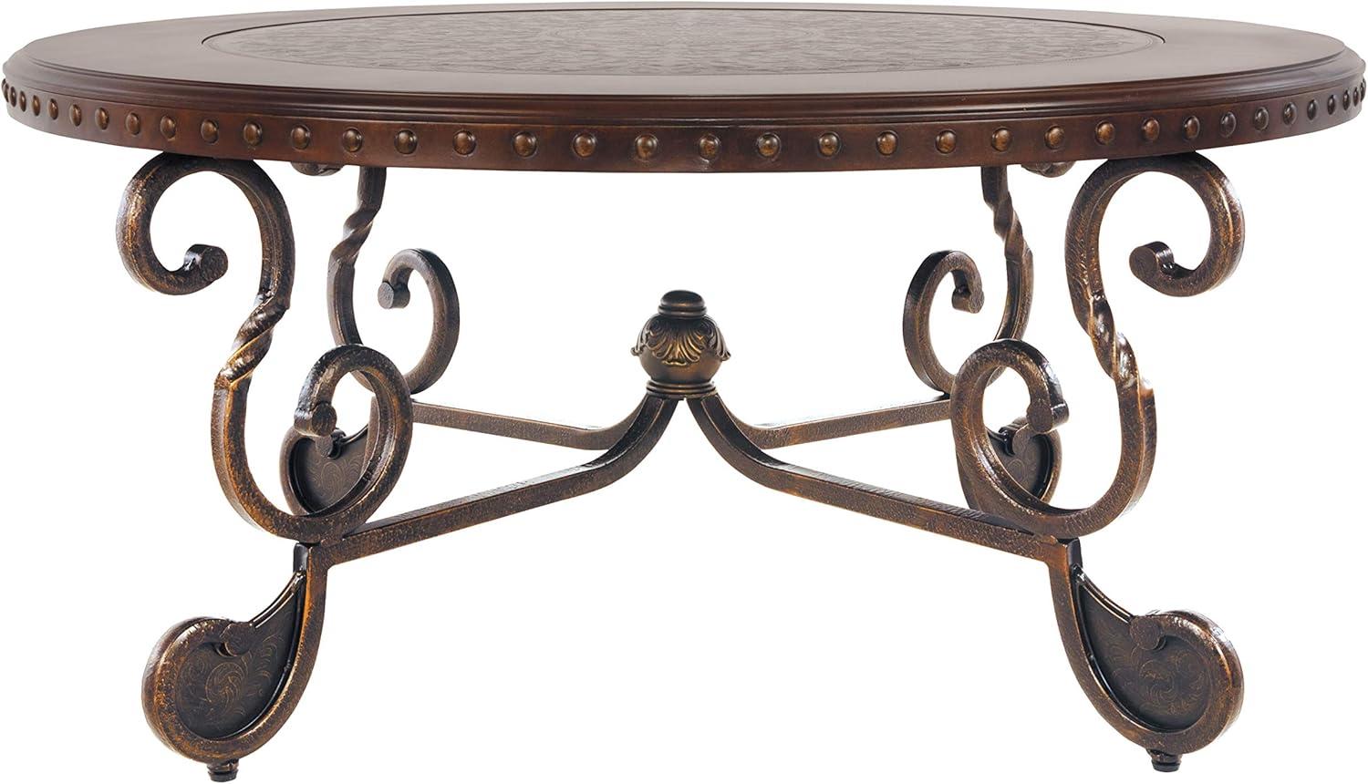 Signature Design by Ashley Rafferty Ornate Round Coffee Tabe with Decorative Metal Detail, Dark Brown
