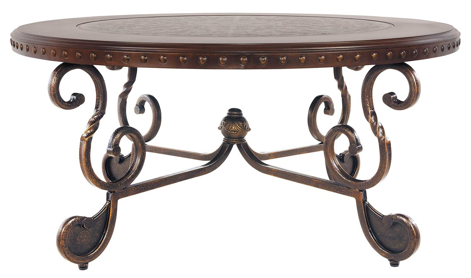 Signature Design by Ashley Rafferty Ornate Round Coffee Tabe with Decorative Metal Detail, Dark Brown
