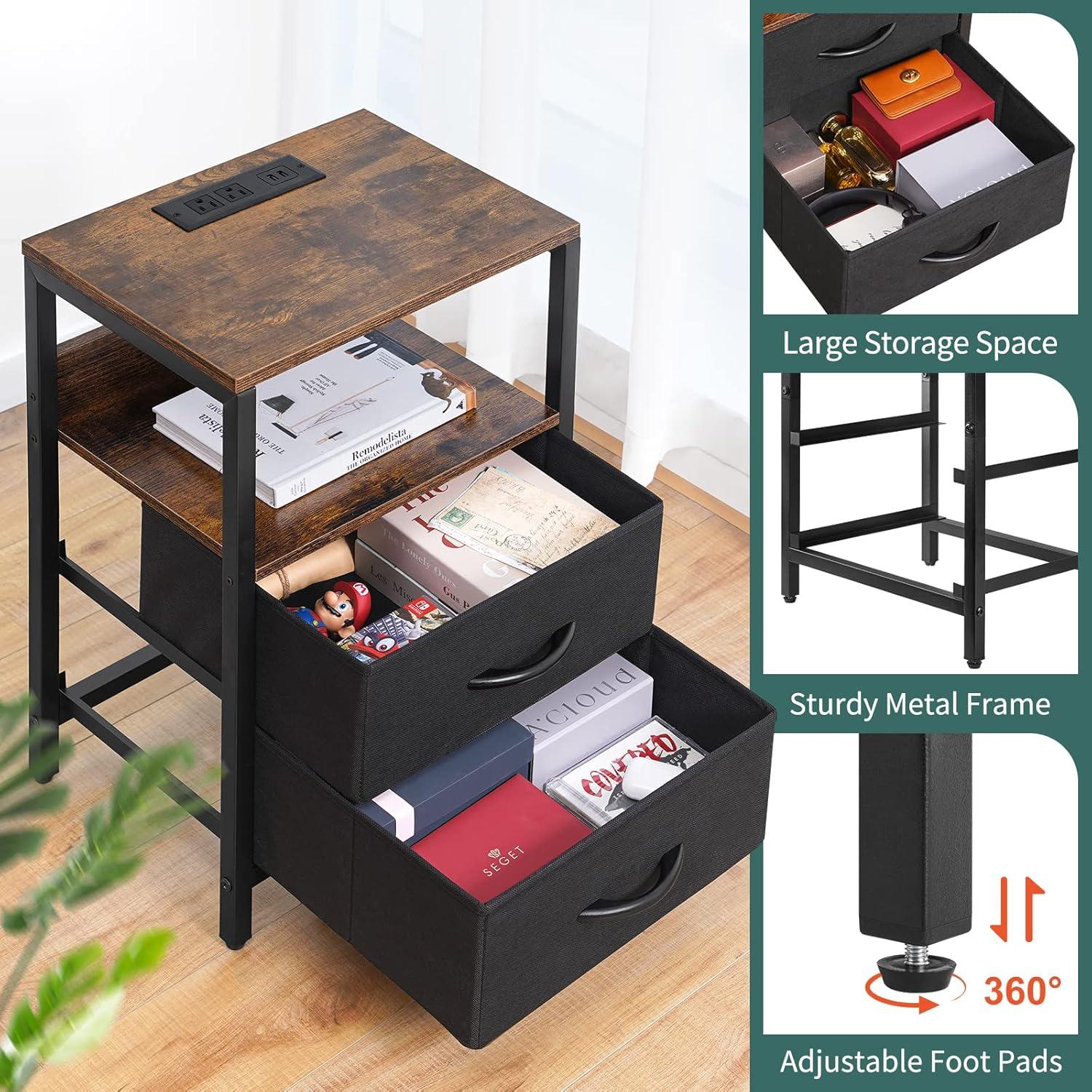 Nightstand with Charging Station, Side Table with Fabric Drawers, End Table with Open Shelf, Bedside Table with USB Ports and Outlets, Night Stand for Bedroom, Rustic Brown and Black