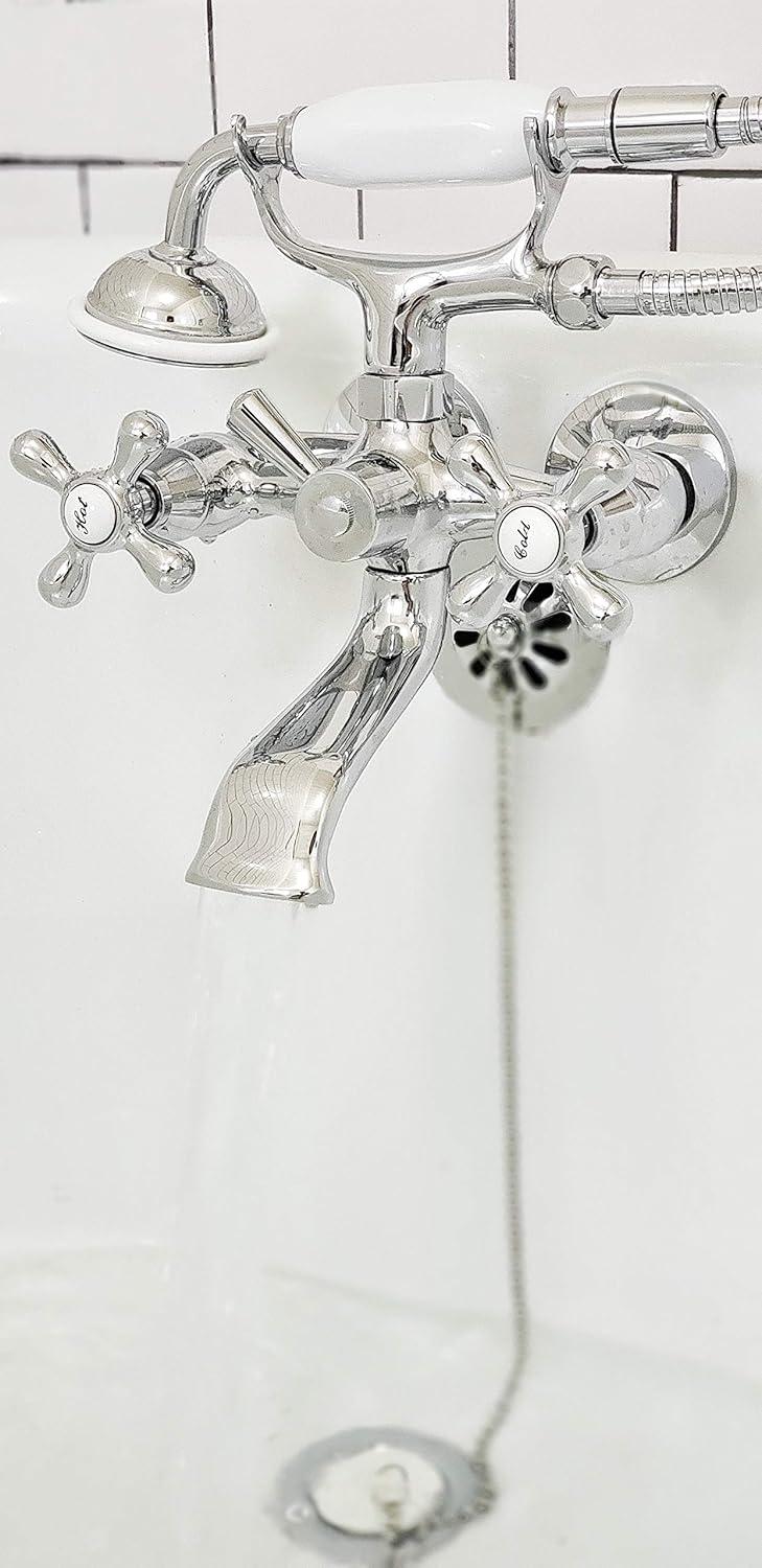 Kingston Brass Vintage Two-Handle 2-Hole Tub Wall Mount Clawfoot Tub Faucet Package with Supply Line, Hand Shower and Tub Drain