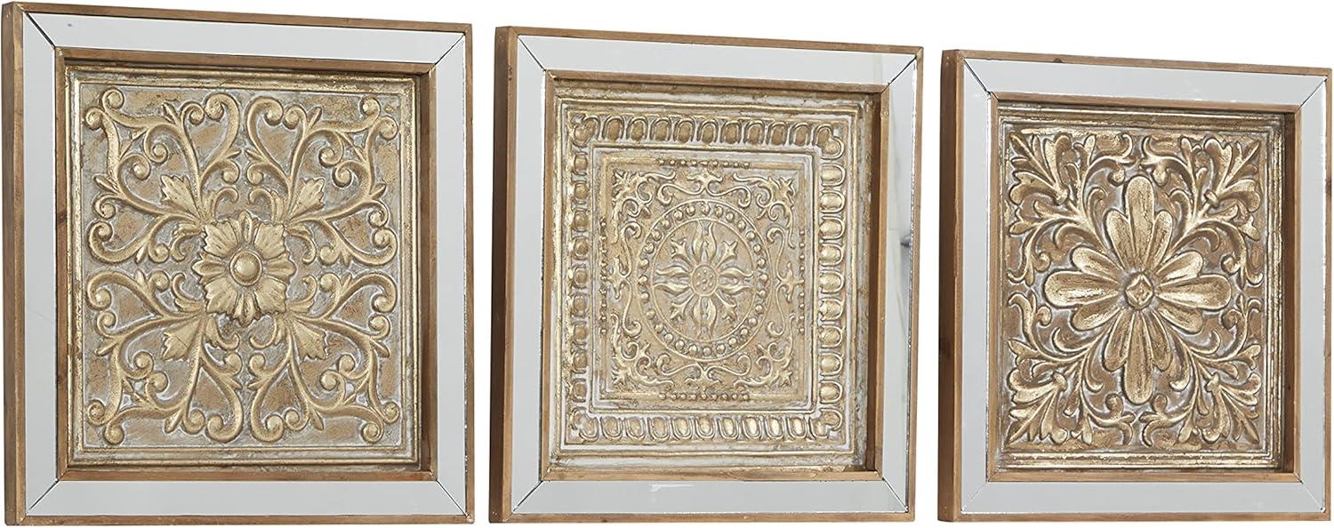 DecMode Gold Metal Embossed Floral Wall Decor with Mirrored Frames (3 Count)