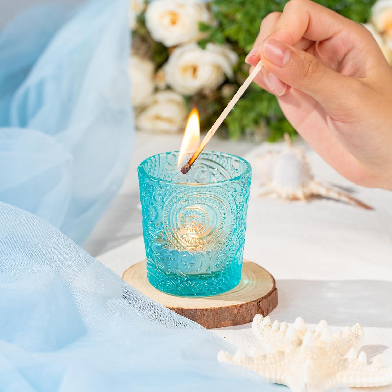 6 Pack Sun Moon Star Embossed Glass Tea Light Candle Holders - Votive Candle Holders for Wedding, Party, Home Decor, and Table Centerpieces (Aqua Blue)