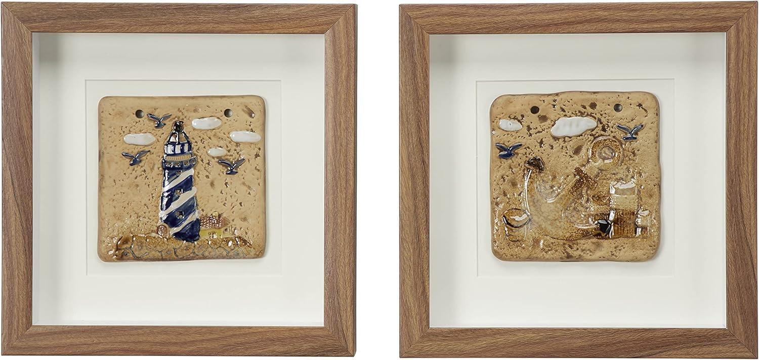 (Set of 2) 12" x 12"Coastal Style Lighthouse and Anchor Shadow Box Wall Decor in Square Wood Frames - Olivia & May