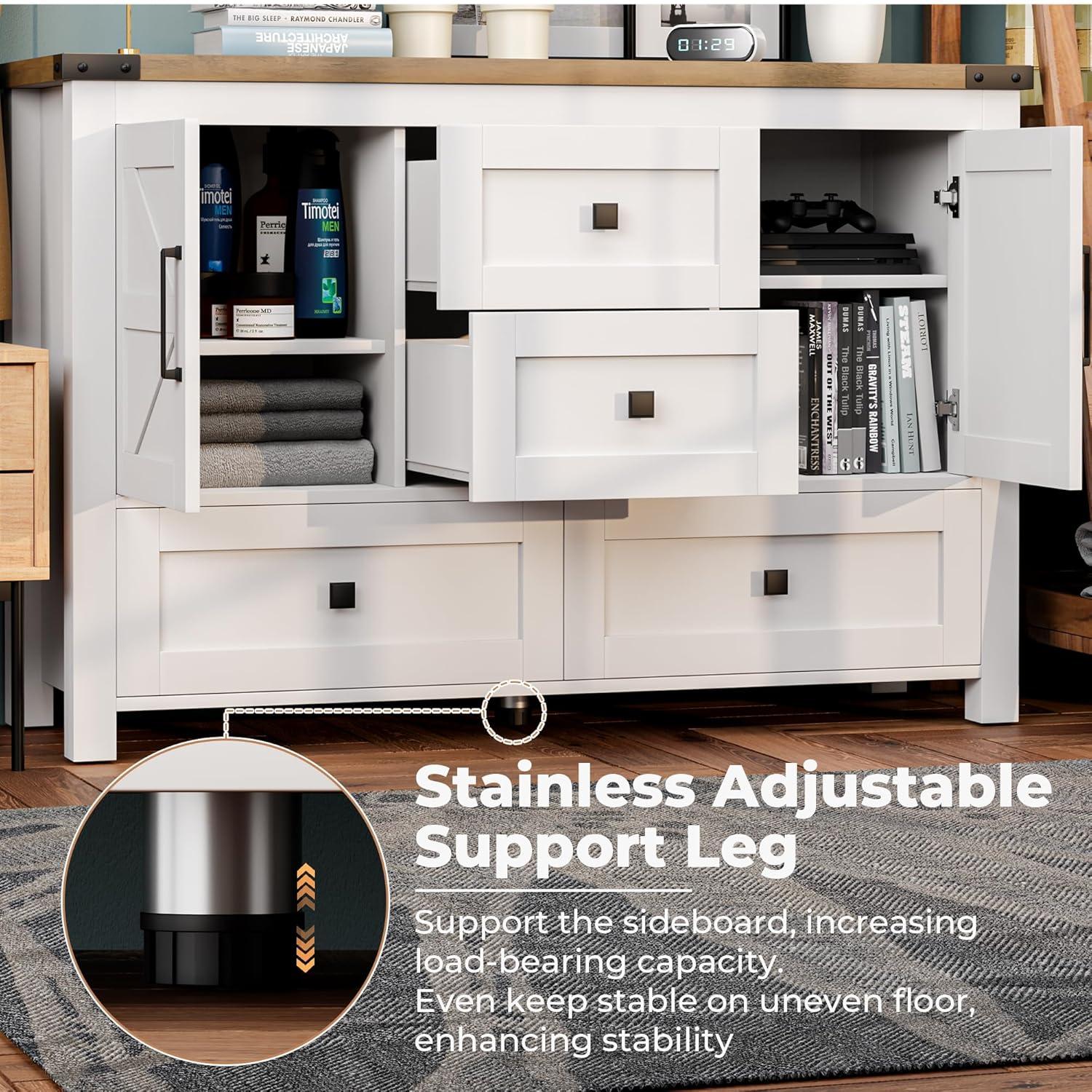 Gracie Oaks Farmhouse Dresser For Bedroom With 4 Drawers And 2 Barn Doors, Wood Chest Of Drawers 47 Inch Wide, Large, Long, Adjustable Shelves, 5 Legs, Living Dining Room, Entryway, Hallway