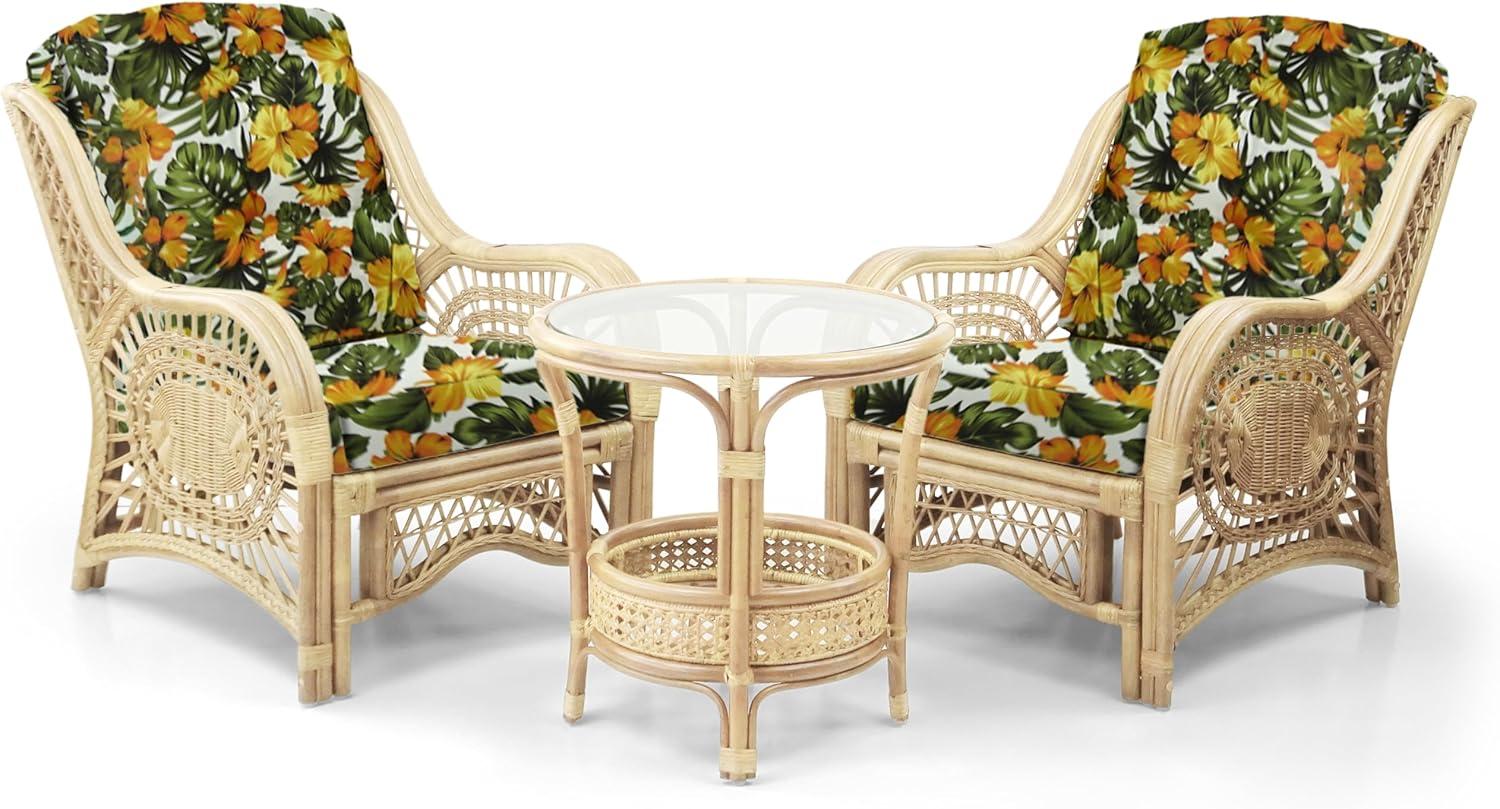 Bay Isle Home™ Malibu Lounge Set Of 4: 2 Natural Rattan Wicker Chairs, Loveseat And Coffee Table W/Glass Handmade, Natural Color