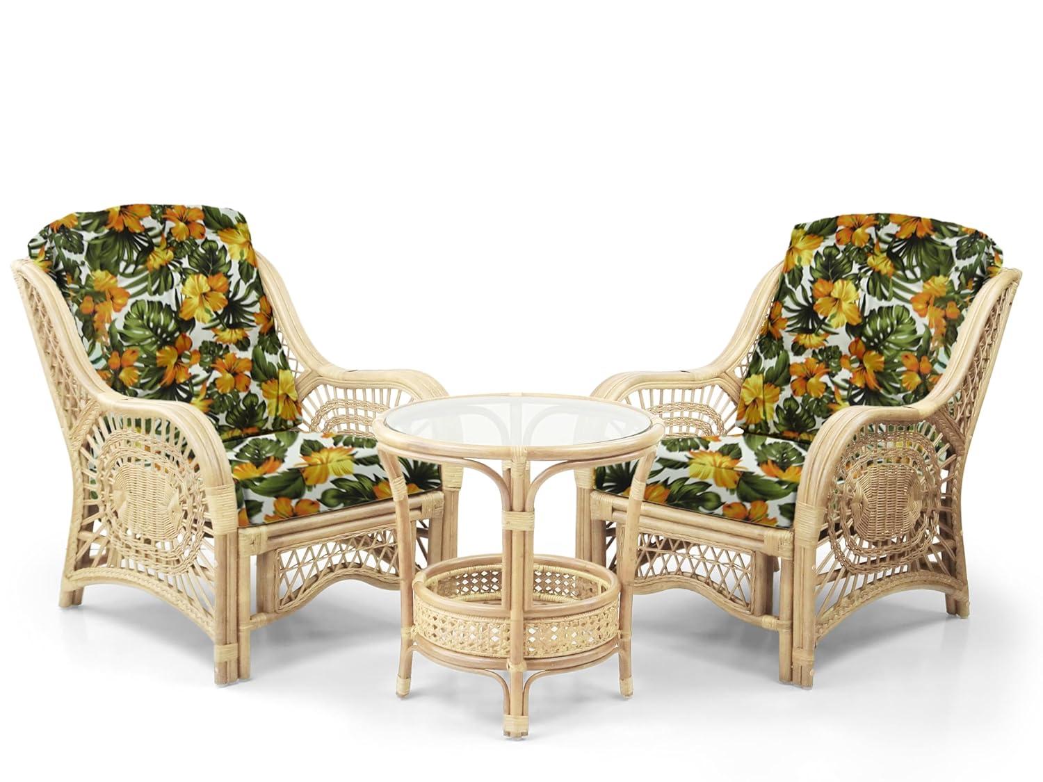 Bay Isle Home™ Malibu Lounge Set Of 4: 2 Natural Rattan Wicker Chairs, Loveseat And Coffee Table W/Glass Handmade, Natural Color