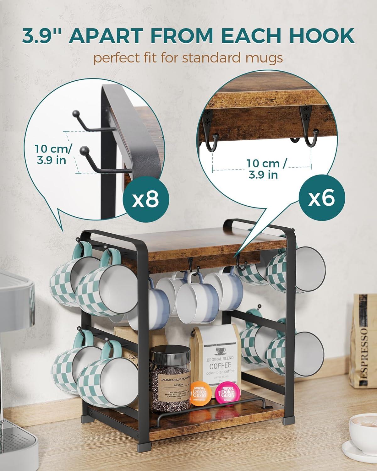 17 Stories Coffee Bar Organizer With 14 Mug Hooks, Wood Coffee Mug Holder Stand For Countertop, 2 Tier Coffee Station Organizer For Coffee Cups, Mugs, Syrups, Accessories