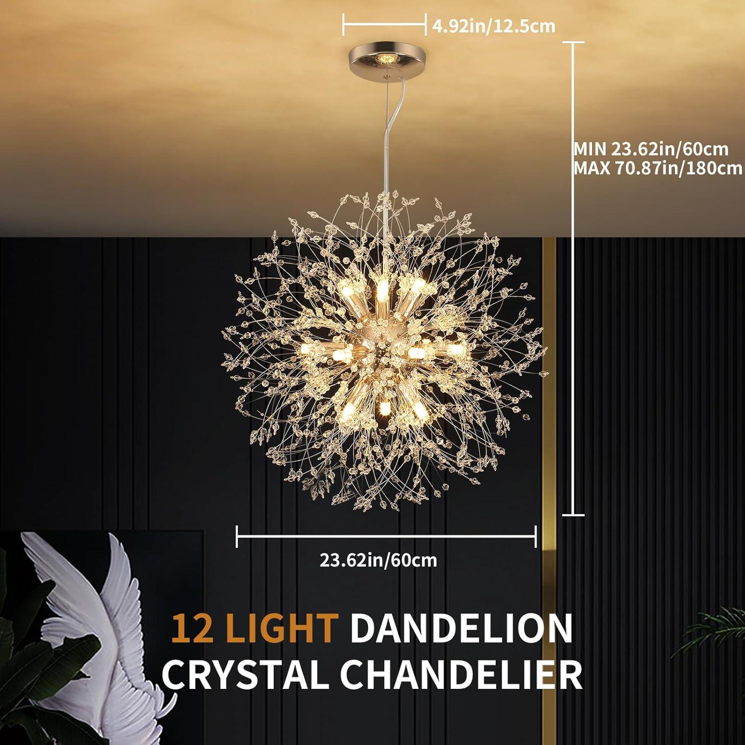 Mercer41 Modern Gold Crystal Chandelier With 12-Light Firework Design, Adjustable Dandelion Pendant Lighting For Dining Room, Living Room, Bedroom, Kitchen, And Hallway