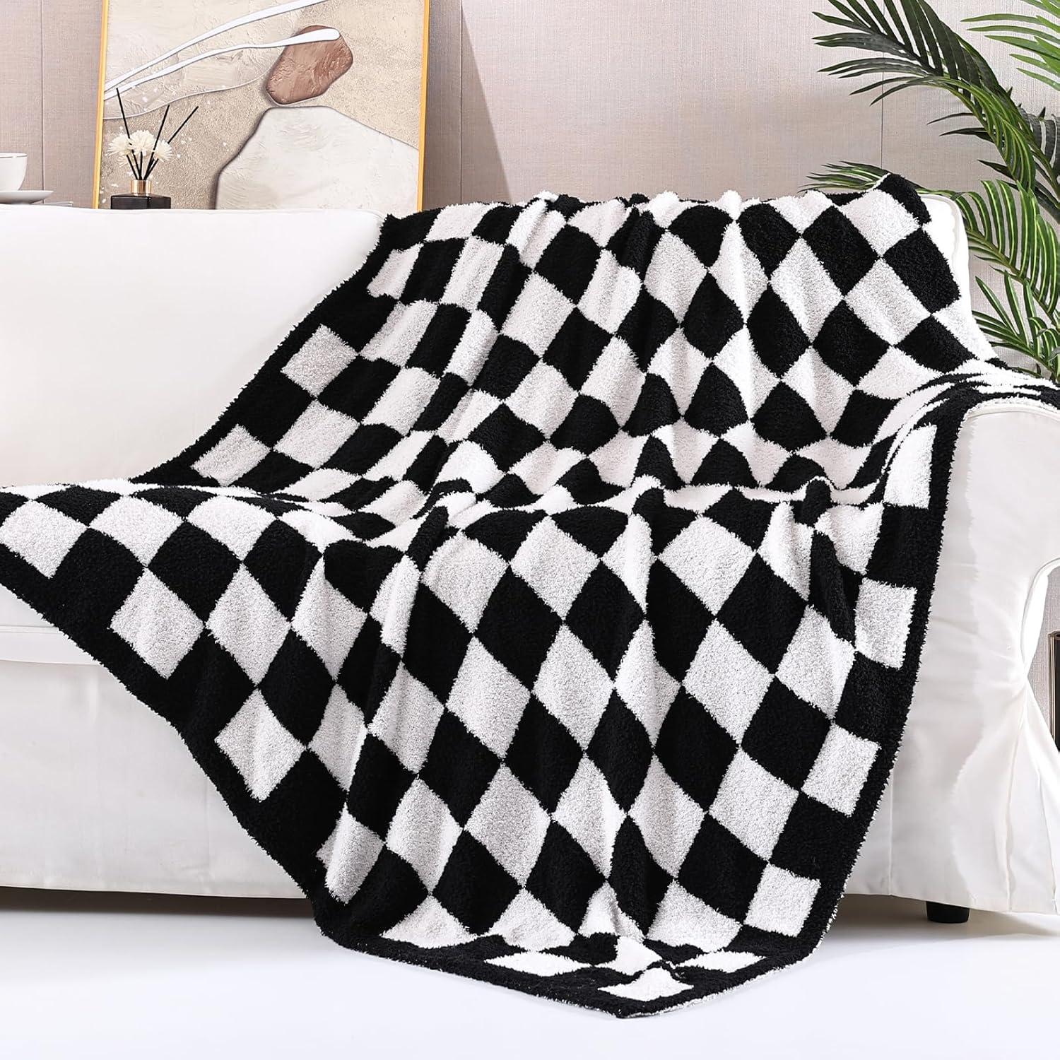 Checkered Blanket, Ultra Soft Black And White Checkered Throw Blanket, Warm Fluffy Checkerboard Blanket For Couch And Sofa